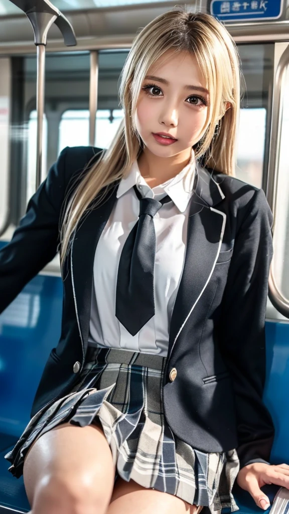 nffsw、top-quality、hight resolution、ultra-detailliert、​masterpiece、Raw photography、realisitic、Photorealsitic:1.5、extremely delicate and beautiful、finely detail、1womanl、(European:1.3)、(Super beautiful)、(beauitful face:1.5)、(A detailed face:1.2)、is standing、(high-school uniform:1.1)、Dark blue jacket、white  shirt、neck tie、(Plaid mini skirt:1.2)、(Golden head hair:1.4)、(blue eyess:1.2)、make - up、(holding rifle)、(Aim your rifle:1.5)、h&K HK416、(On the roof of a high-rise building)、(Night)、(with spreading legs:1.2)、(white  panties)、(At SFW:1.3)