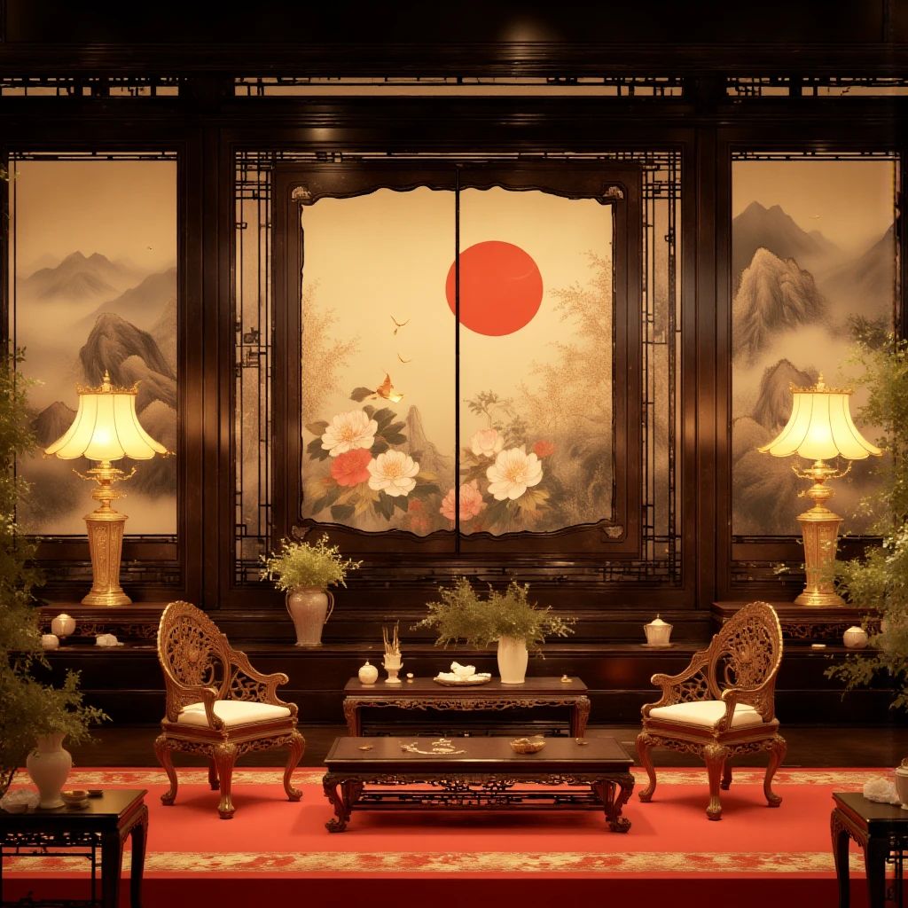 A beautifully designed traditional Chinese interior with intricate wooden furniture and rich decorative details. The centerpiece features a large folding screen adorned with elegant floral patterns, including peonies and a bright red sun, accompanied by birds. The walls are decorated with traditional carved wooden panels, displaying fine craftsmanship. The room includes an arrangement of antique wooden chairs and tables, meticulously carved with ornate patterns, showcasing the essence of classical Chinese design. On either side of the screen, there are unique rectangular frames containing traditional Chinese landscape paintings, featuring mountains and rivers, painted in black ink. The floor is covered with a luxurious red carpet, detailed with golden embroidery along the edges, adding a regal and harmonious touch. Two vintage-style lamps with intricate brass stands and warm glowing shades are positioned symmetrically, providing soft, ambient lighting that enhances the elegance of the space. The atmosphere is serene, with a focus on traditional aesthetics and cultural heritage.