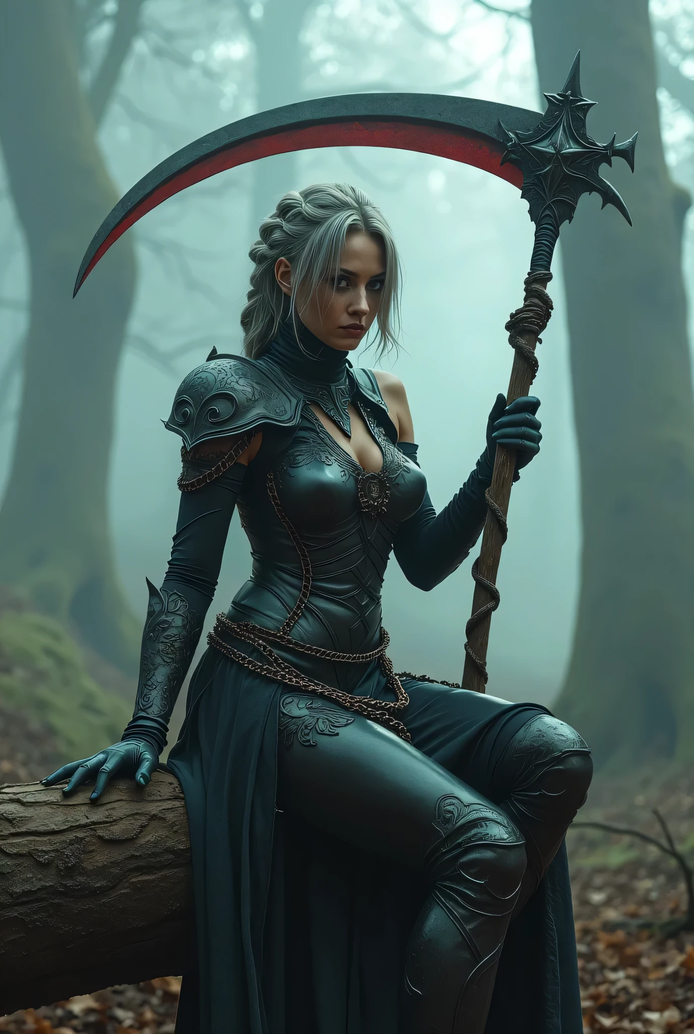 (8k,    top quality, masterpiece), ( realistic , photo realistic : 1.37),  super detailed,    one girl  , {Demon spawn with Demon Scythe   }, Wide angle ,   Big bouncy breasts   ,   Very delicate depiction   ,    miniature painting    ,  detailed depiction of short braided hair ,  correct skeleton,    armor made with intricately patterned chains, Braided chains, Demon Scythe 、Dreamy,Super realistic mixed fantasy world,   a combination of realistic and fantastic elements ( Forest of Swirling Fog :1)、 poised to slay with a sickle 、Wear an intricate and detailed iron mask、Put on a mask 、Detailed depiction of short braided hair sitting on a fallen tree looking at the camera 