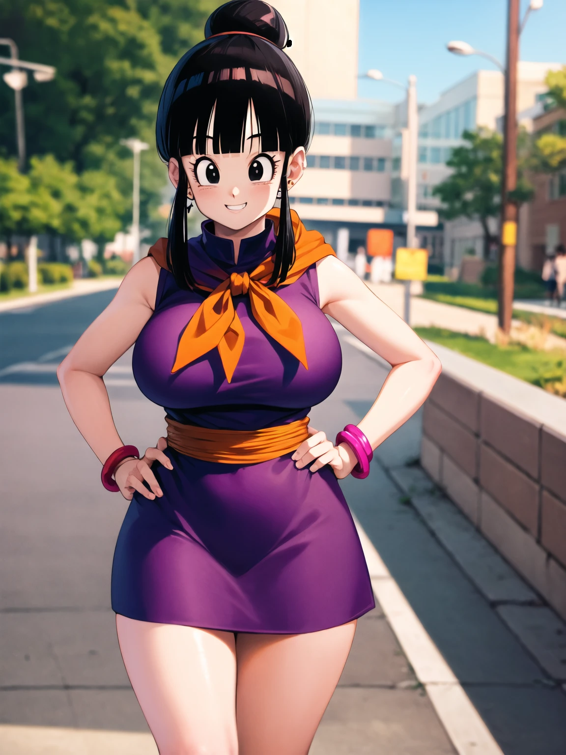 masterpiece, best quality, highres, dragon ball, bbchichi, single hair bun, hair bun, blunt bangs, sidelocks, black eyes,  earrings, orange neckerchief, orange scarf, purple dress, sleeveless, bracelet, grin, hand on hip, smile, outdoors, street, big breasts,