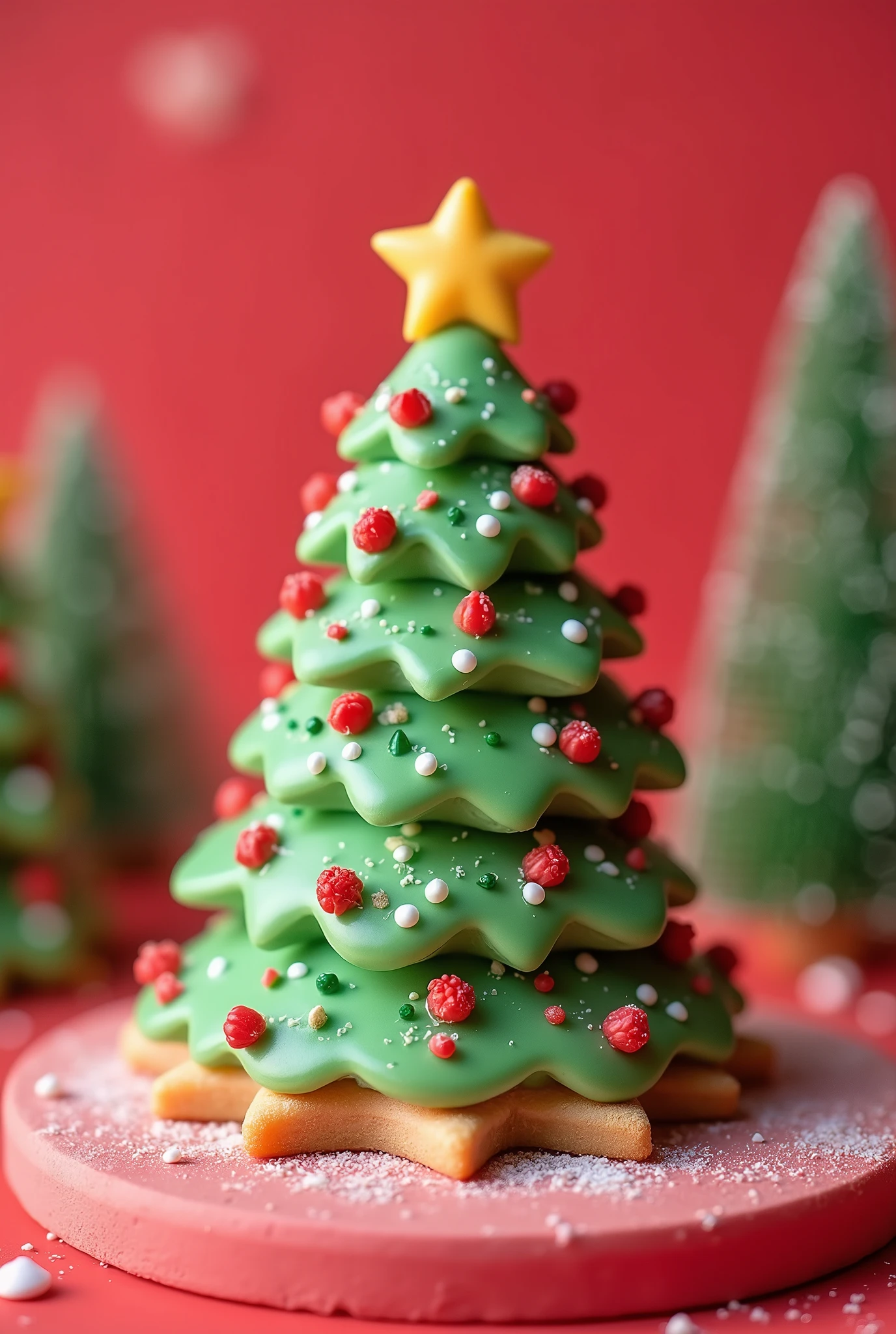 hight quality photo, a biscuit with a shape of Christmas tree, sweet desserts, Christmas theme, cute vibe, colorful biscuit, vibrant color