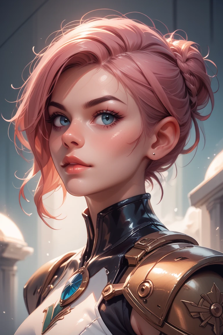 Medium-profile half-body view of Vi from Arcane, in oil style with fine brush strokes. Her short, choppy pink hair is vividly detailed, capturing its unique texture and rebellious flair. She wears her signature heavy gauntlets, intricately designed with metallic elements and a worn, battle-tested appearance. Her stance exudes confidence and determination, with a defiant expression that highlights her strong personality. Dramatic lighting emphasizes the contours of her face, hair, and gloves, while the background is moody and atmospheric, hinting at the gritty world she inhabits.