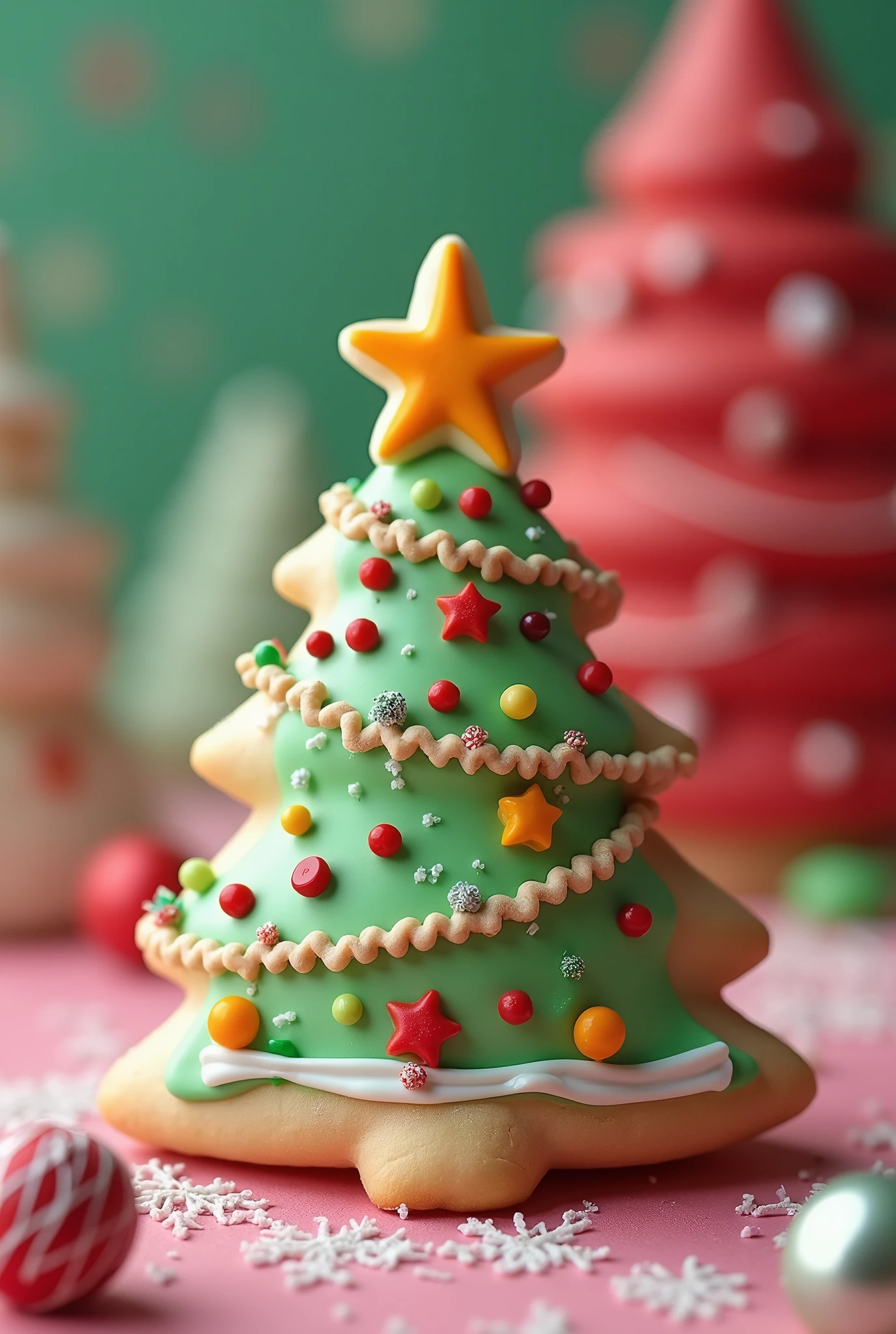 hight quality photo, a biscuit with a shape of Christmas tree, sweet desserts, Christmas theme, cute vibe, colorful biscuit, vibrant color