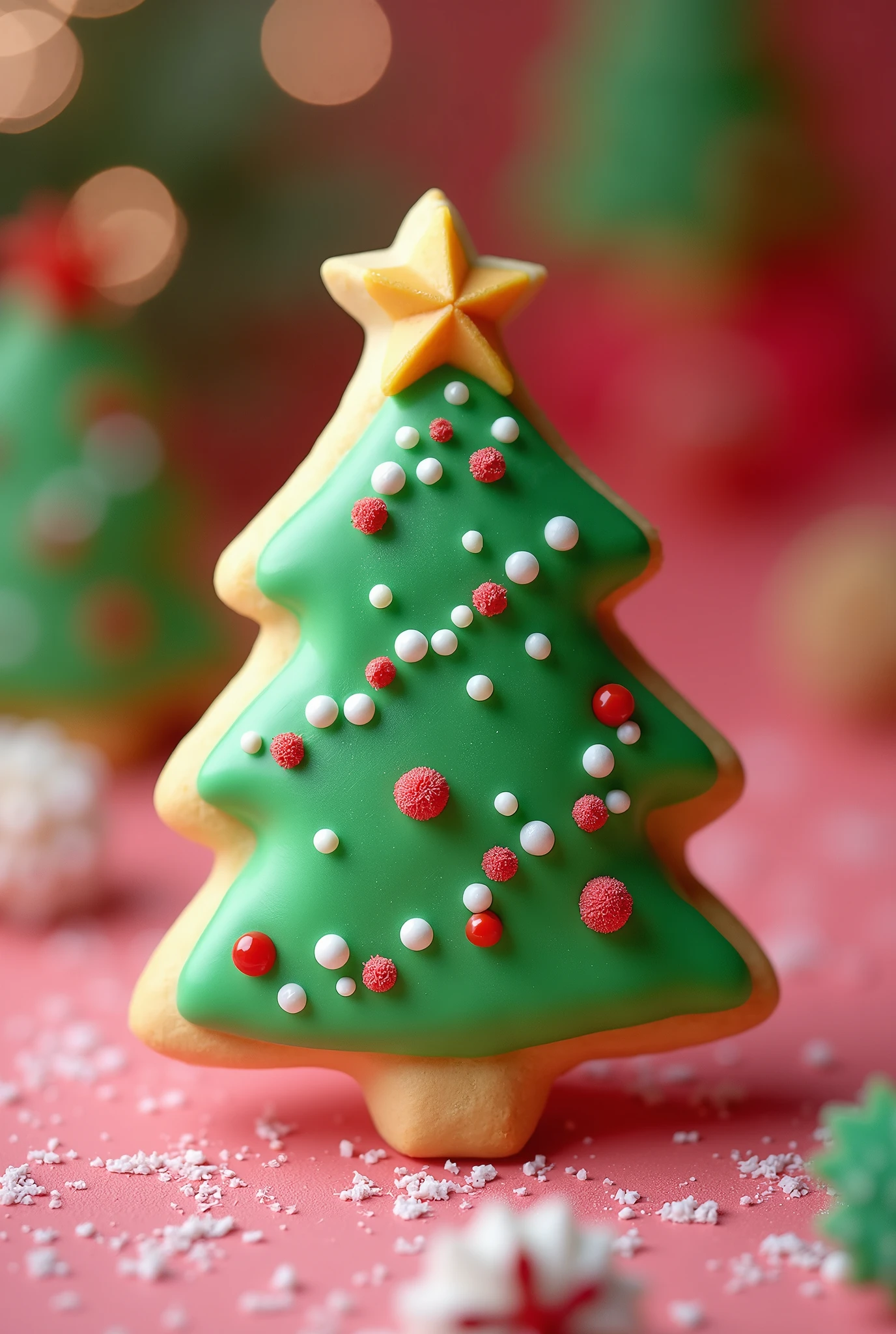 hight quality photo, a biscuit with a shape of Christmas tree, sweet desserts, Christmas theme, cute vibe, colorful biscuit, vibrant color