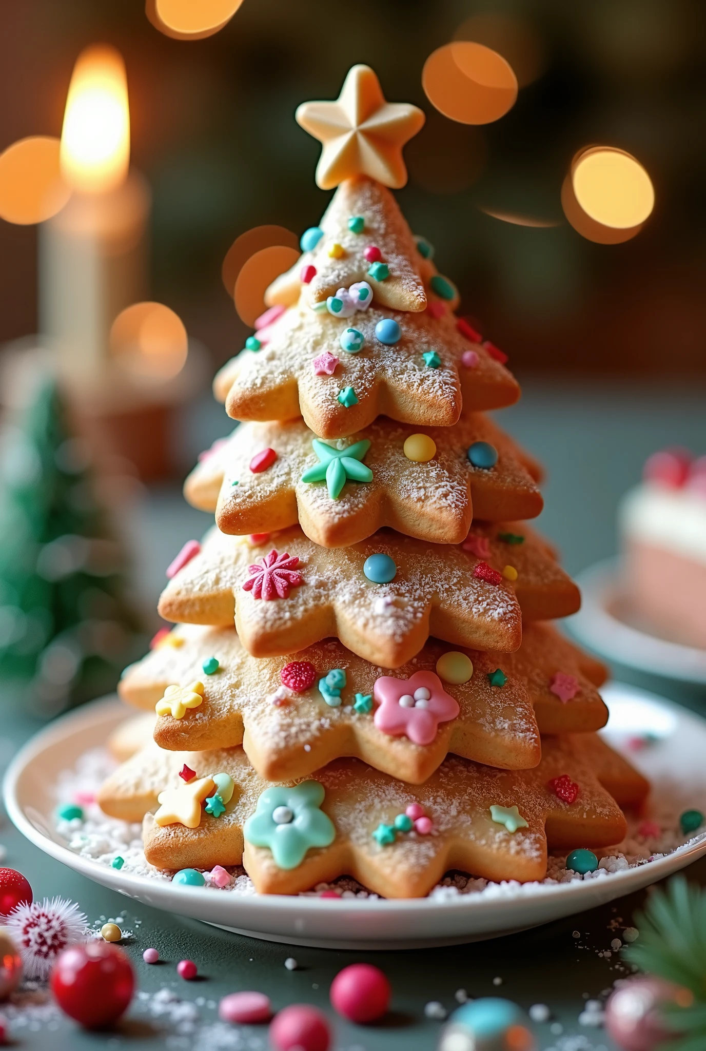 hight quality photo, a biscuit with a shape of Christmas tree, sweet desserts, Christmas theme, cute vibe, colorful biscuit, vibrant color