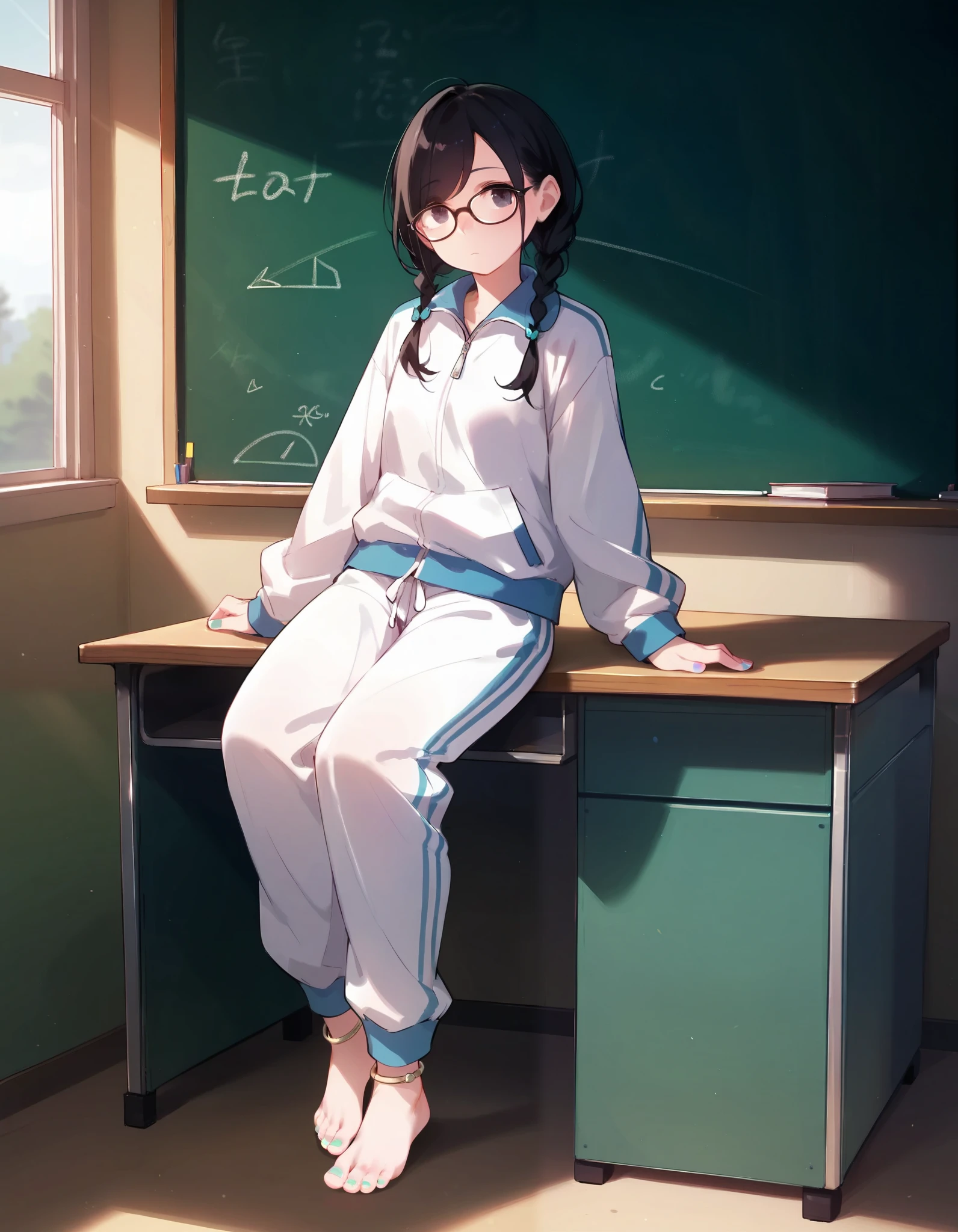 score_9,score_8_up,score_7_up, masterpiece,ultra-detailed CG illustration,top quality, best quality, 1girl,solo,black hair,baggy blue and white track suit,baggy blue and white track pants,glasses,black hair,low twin braids,desk,sitting on desk,barefoot,anklet,chalkboard, multicolored toenails,