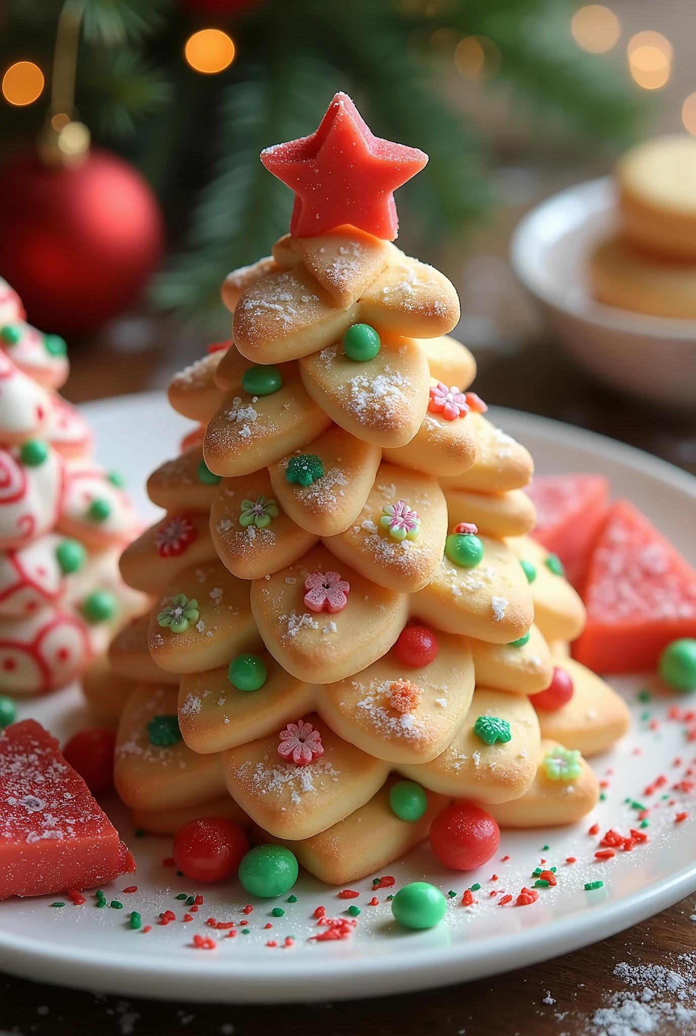 hight quality photo, a biscuit with a shape of Christmas tree, sweet desserts, Christmas theme, cute vibe, colorful biscuit, vibrant color