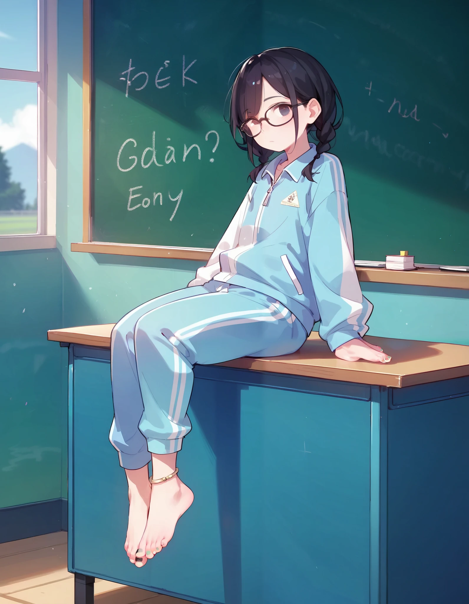 score_9,score_8_up,score_7_up, masterpiece,ultra-detailed CG illustration,top quality, best quality, 1girl,solo,black hair,baggy blue and white track suit,baggy blue and white track pants,glasses,black hair,low twin braids,desk,sitting on desk,barefoot,anklet,chalkboard, multicolored toenails,