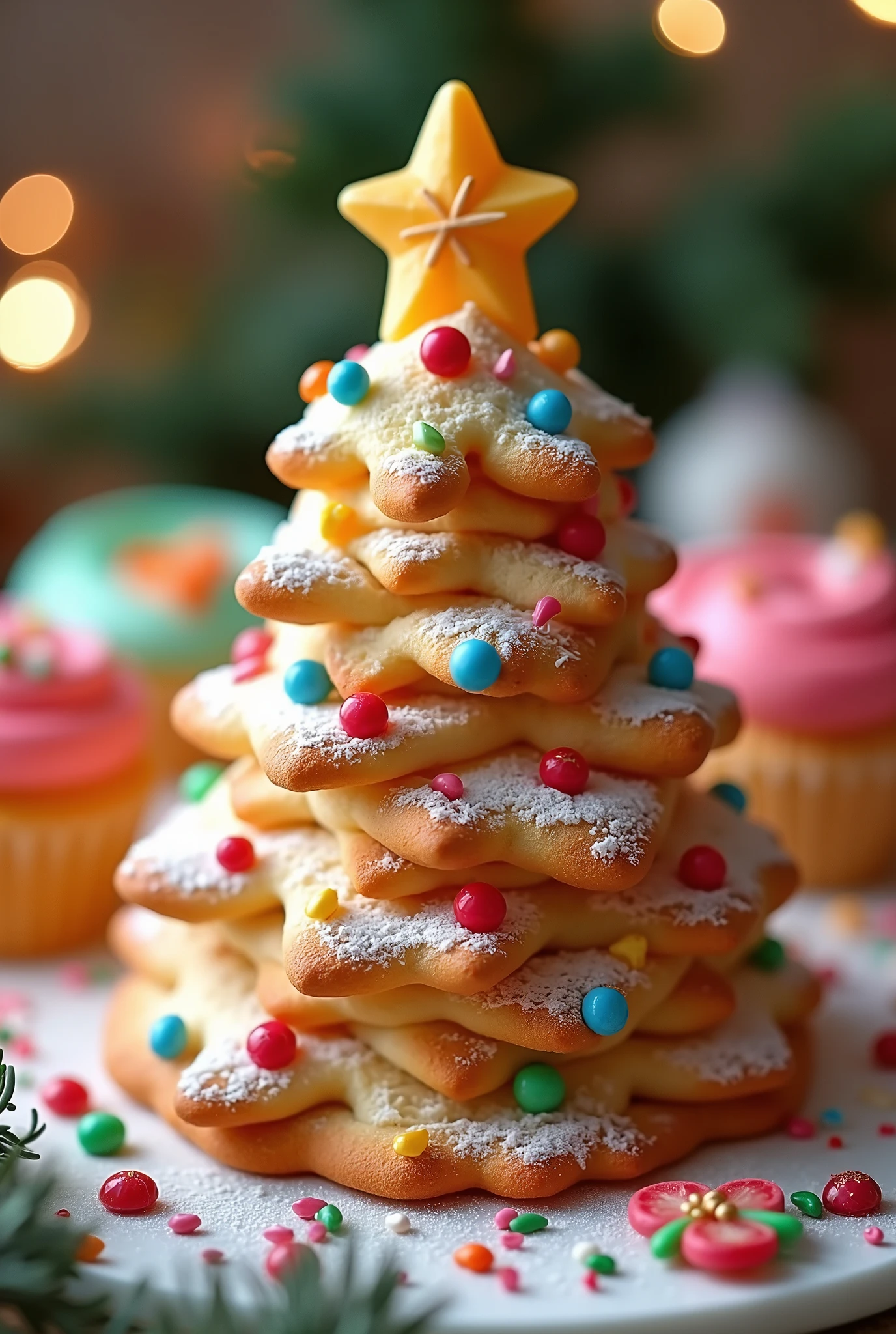 hight quality photo, a biscuit with a shape of Christmas tree, sweet desserts, Christmas theme, cute vibe, colorful biscuit, vibrant color