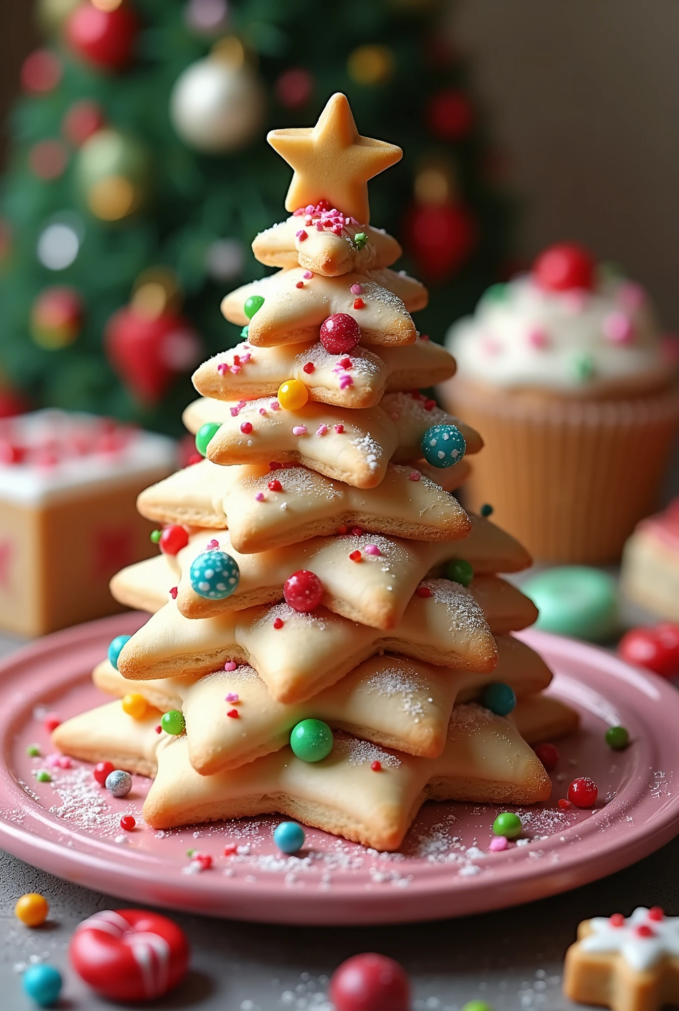 hight quality photo, a biscuit with a shape of Christmas tree, sweet desserts, Christmas theme, cute vibe, colorful biscuit, vibrant color