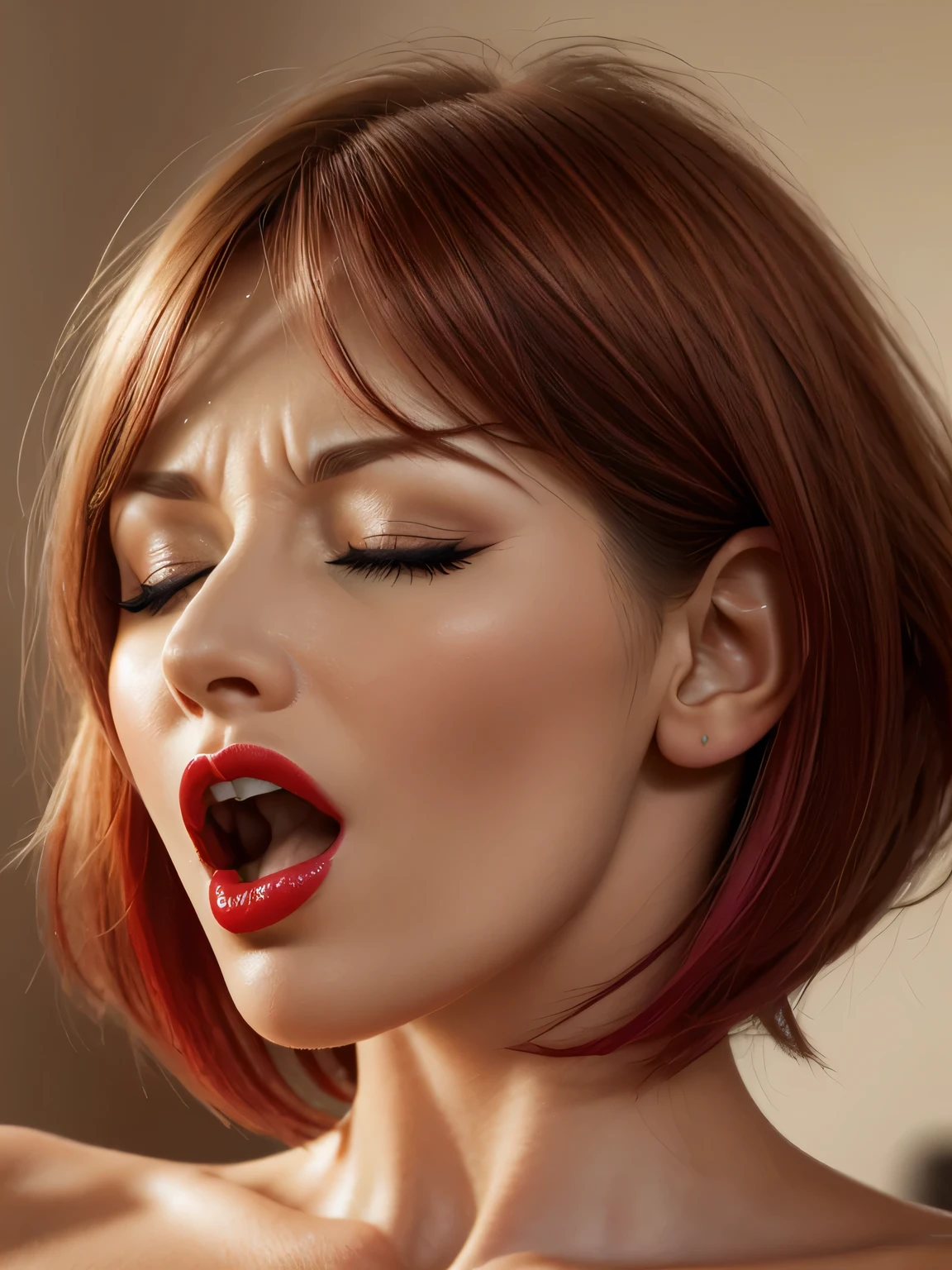 Best Quality, Highest Resolution, Realistic, Colorful and very vivid colors, Masterpieces, Red lips, Bangs, Short wavy bob hair with flashy color highlights, Beautiful woman, She is an intimidating woman
, Woman with mouth open and eyes closed, Face focus, Face close-up, Orgasm face, Glossy, Woman with edge face, 30 years old