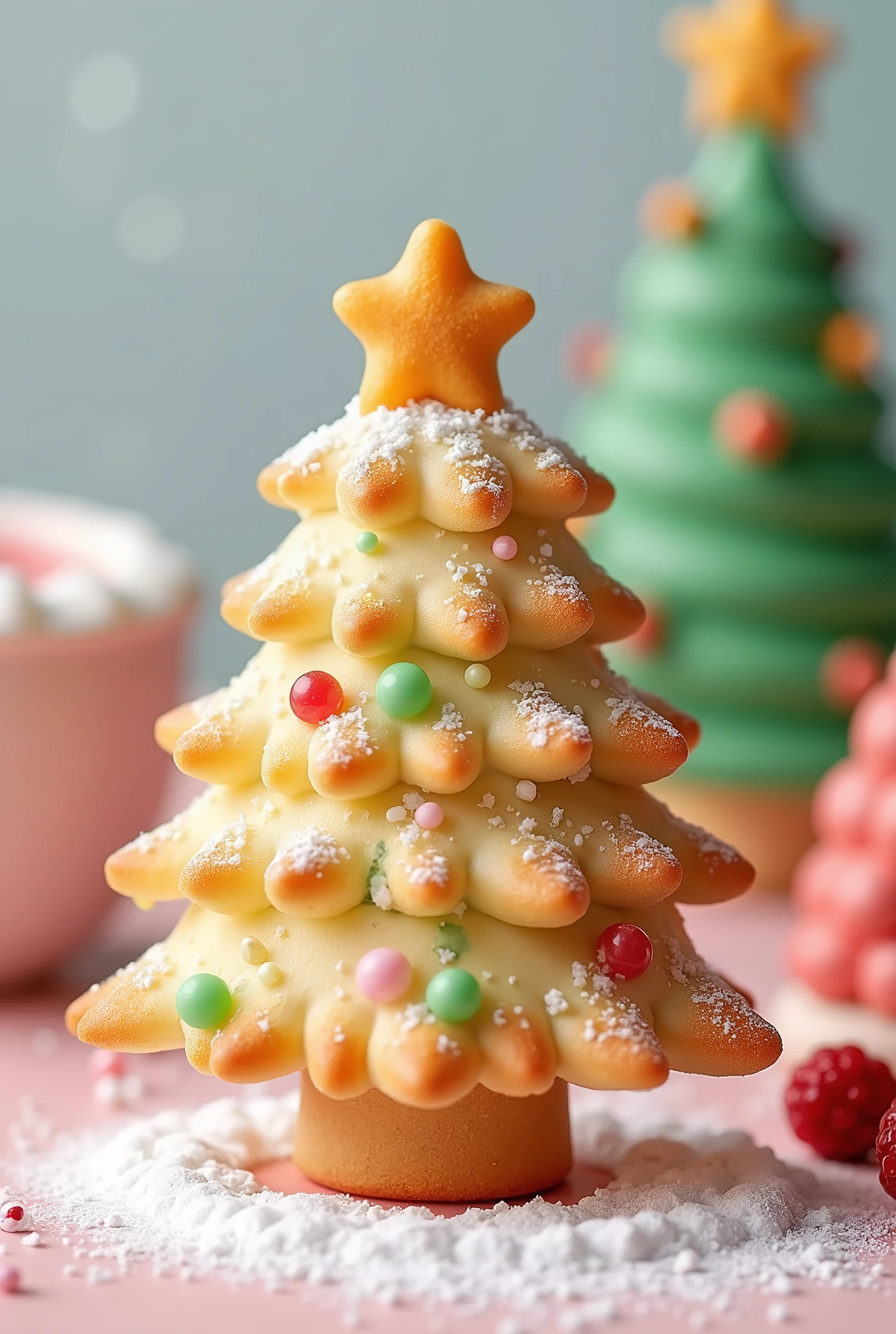 hight quality photo, a biscuit with a shape of Christmas tree, sweet desserts, Christmas theme, cute vibe, colorful biscuit, vibrant color