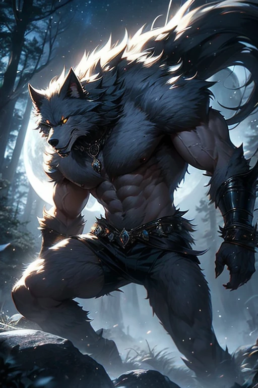 ultra-detailed, masterpiece, masterwork, high quality, best quality, hdr, (nature, night), posted on e621, (by darkgem), nsfw, male, solo, (white little body werewolf), canine, (long silver hair, yellow eyes, white body, roar), stylish pose, dynamic angle, bulge underpants