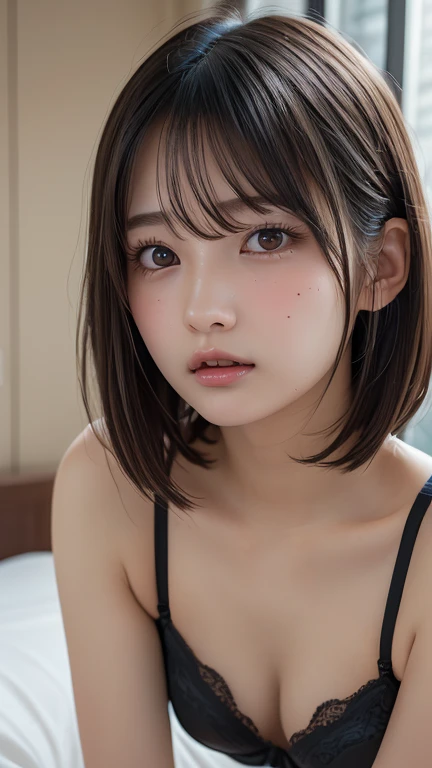 fullbody image、(8K, Raw photo, Photorealistic:1.25) ,( lipgloss, Eyelashes, gloss-face, Glossy skin, Best Quality, 超A high resolution, depth of fields, chromatic abberation, Caustics, Broad lighting, Natural Shading,Kpop Idol) looking at viewer with a serene and goddess-like happiness, Baby face, drooping chest, Huge breasts, huge-breasted, Perfect , NSFW, Short hair, Sexy、Perfectly beautiful neat sexy face and big eyes、Western 25-year-old woman with cartoonish face、(NSFW: 3), (nudde: 2.6),Sexy bumps on the chest, high detailing, 真实感, High resolution in 8K, ccurate, tre anatomically correct, 3), (NSFW: 5), slim figure,tre anatomically correct, A live-action masterpiece, top-quality, hight resolution, (portrait shooting: 1.5) (nudde: 2.5), high detailing, 真实感, ccurate,Spread your legs、One leg is raised,full of sweat、She stares at me with big teary eyes..Angle looking down from above、Slightly open mouth、Duck mouth、Not wearing pants、Her pubic area looks perfectly detailed、fullnude、lying on the bed、hair is long、barechested、Atmosphere like when you have ???、Sexual atmosphere