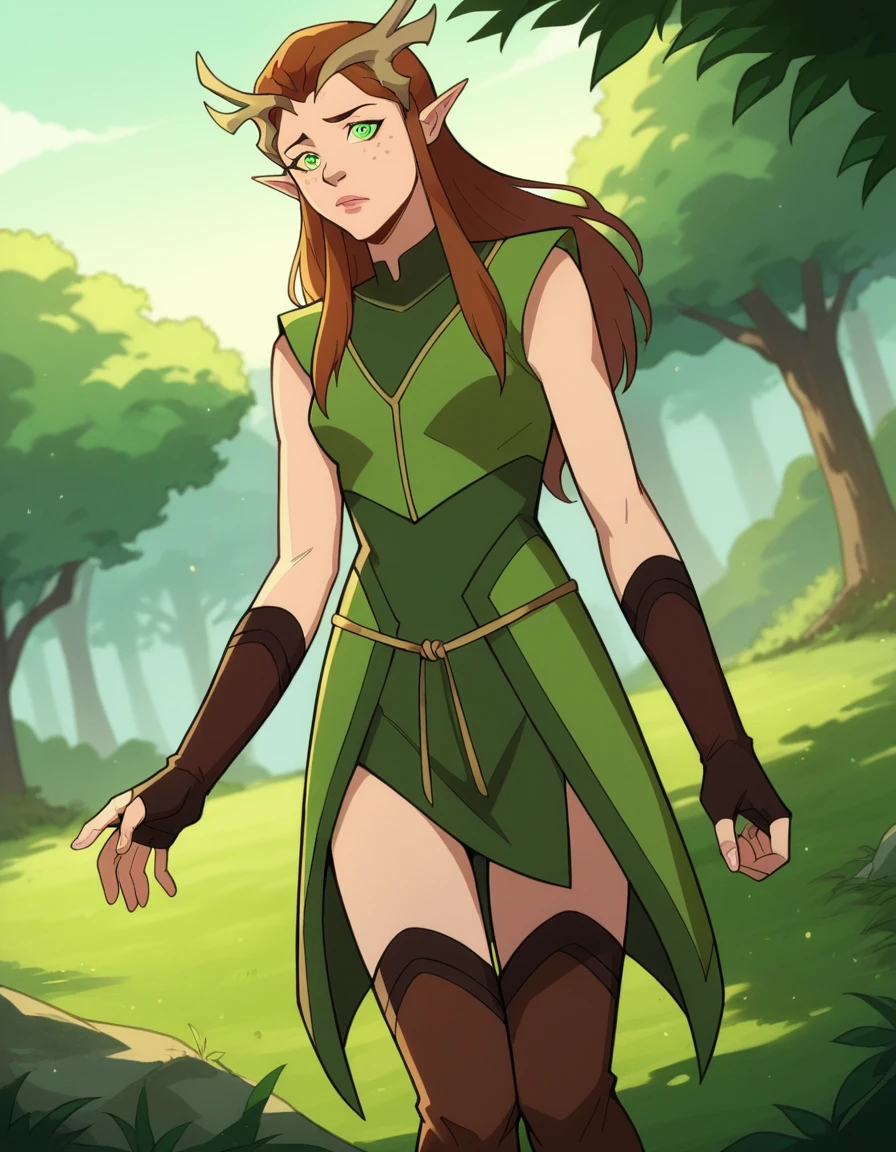 score_9, score_8_up, score_7_up, source_anime,
keyleth, keyleth, long hair, brown hair, green eyes, pointy ears, elf, antlers, freckles,
thighhighs, gloves, boots, fingerless gloves, thigh boots, brown footwear, green dress,
outdoors, nature,
looking at viewer, dutch angle, cowboy shot,