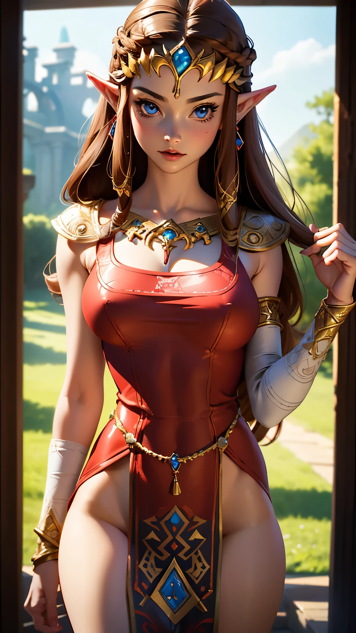 (masterpiece, best quality, hires, high resolution:1.2, 4k, 8k , high quality), extremely detailed, realistic, intricate details, highres, 1girl, solo, red long hair, blue eyes, blush, freckles, (large breasts, thick thighs, wide hips), arched back,(cinematic lighting, sunlight, perfect lighting, backlighting), eye-level shot, extreme close-up-shot, naughty look, looking at viewer,
stone building in the background,
edgBE, red and gold outfit ,wearing edgB, <lora:edgBloodElfAttire:1> <lora:highleg_panties_v0.1:1>