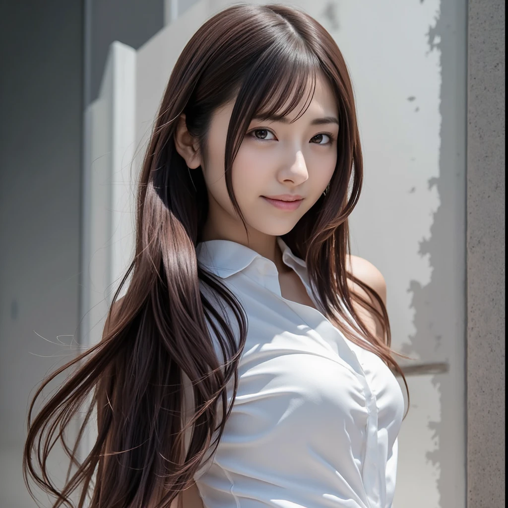 a beautiful young woman with shiny skin, swept bangs, looking directly at the viewer, against a simple white background, cinematic lighting, masterpiece, best quality, 8k, photorealistic, highly detailed skin, detailed facial features, perfect eyes, elegant expression, elegant pose, angelic, ethereal, glowing skin, warm lighting,white shirts