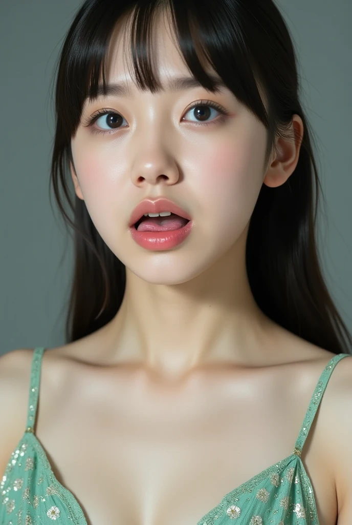 masterpiece, 最high quality,16k,8K,beautiful,get used to it,exquisite,extremely get used to it, finely get used to it, high quality, insanely get used to it, ultra get used to it, ultra high resolution, 超high quality, beautiful face, Japanese, NSFW,Picture of a woman's face 、( sharp focus ), From below, ( please kneel and look upward:1.10), ((Open your mouth:1.6)), ( stick out your tongue,Lift one arm to show armpit:1.8), (Ultra-detailed beautiful faces:1.10), (Ultra-detailed beautiful slim body:1.9), 21 years old, ( Super Detailed Beautiful Japanese Beauty Female Idols:1.7), ( troubled face:1.3), Woman in the center of the image, break, photorealistic, hyperrealism, portrait of young adorable Japanese face, Japanese facial features, Young and Cute Skinny Oriental Faces, Bust Up Shot, 21 years old idol with a cute face, beautiful Japanese girl's face , Japanese facial features, she has a lovely look , ( Light Green Sparkling Evening Dress :1.5)