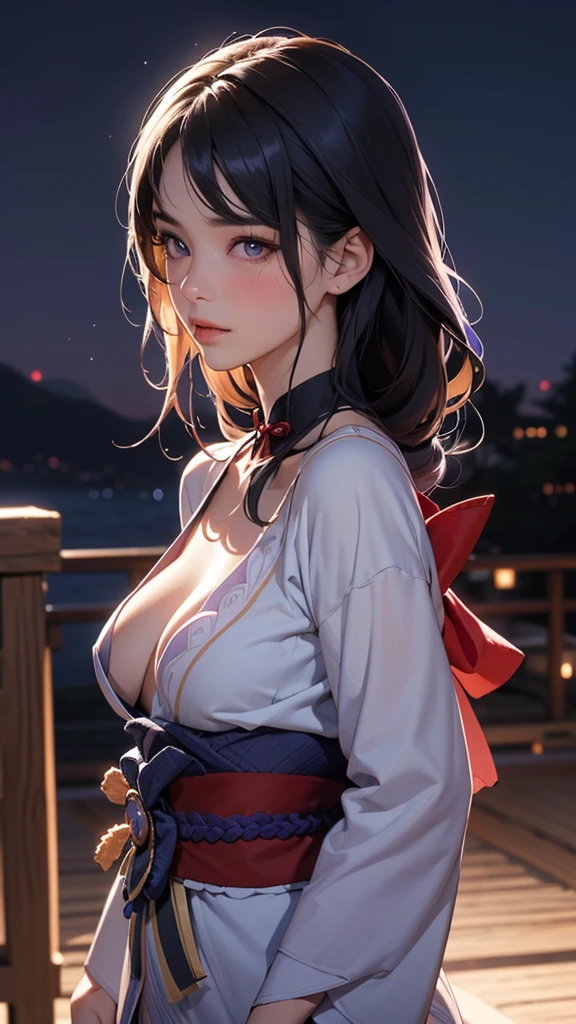 (masterpiece:1.2, Highest quality), (Realistic photos), Beautiful illustrations, (Natural side lighting, Cinema lighting),(1 girl), Japanese, 20-year-old female, Perfect Face, Symmetrical cute face, Glowing Skin、 (Black Hair、Bun Hair、nape undercut:1.2)、Dark blue eyes, (Huge breasts:1.1), Slender build、Beautiful Hair, Beautiful Face, Fine and beautiful eyes, Beautiful body, Beautiful breasts,(Floral Yukata),smile、Blushing、profile、whole body、river、firefly、night、Grassland