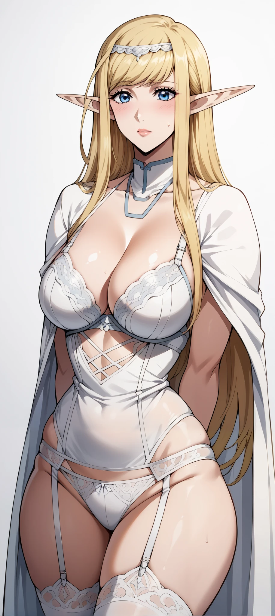 score_9, score_8_up, score_7_up, source_anime, 4K,
1girl,annette, long hair, blue eyes, blonde hair, large breasts, pointy ears, elf, mature female, large breasts,, 
wearing ((white lingerie:1.5)),,
((fullbody)),large breasts,long legs,perfect fingers,arms behind back,looking at viewers,((front look:1,5)),white plain background,