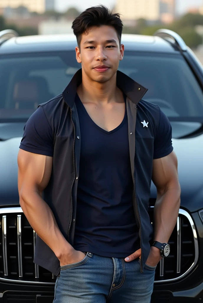 good looking manly face good square jawline, heroic, brown skin ,detailed realistic open brown eyes, muscular,standing in front of car in ottawa wearing black t-shirt smiling
