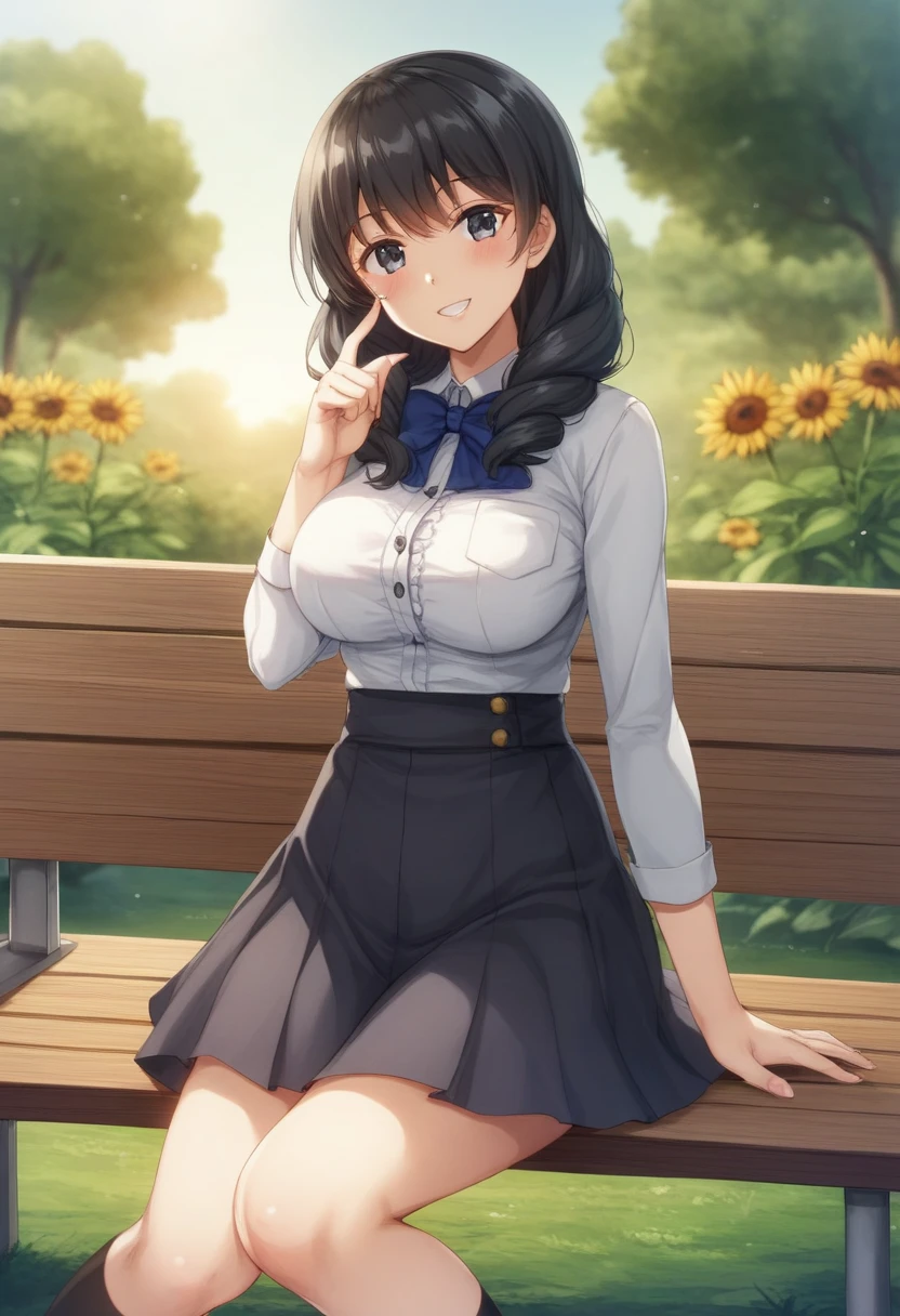 1girl, solo, summer, village, trees, sun, clouds, ((colorful hair)), long hair, curly hair, ponytail, large breasts, ((black blazer)), button down shirt, ((white shirt)), ((short sleeved shirt)), ((unbuttoned shirt)), unbuttoning buttons, cleavage 1:3, brown eyes, skirt, smile, looking at the viewer, standing, touching neck, hair ribbon, golden necklate