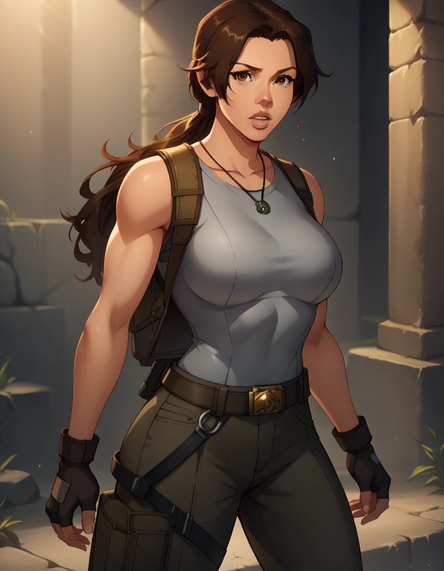 score_9, score_8_up, score_7_up,score_6_up, score_5_up, score_4_up ,
1girl, solo,
large breasts,
LaraDG,
long hair, ponytail, brown hair, brown eyes, 
fingerless gloves, boots, belt, pants, tank top, grey shirt, 
looking at viewer, parted lips, 
 