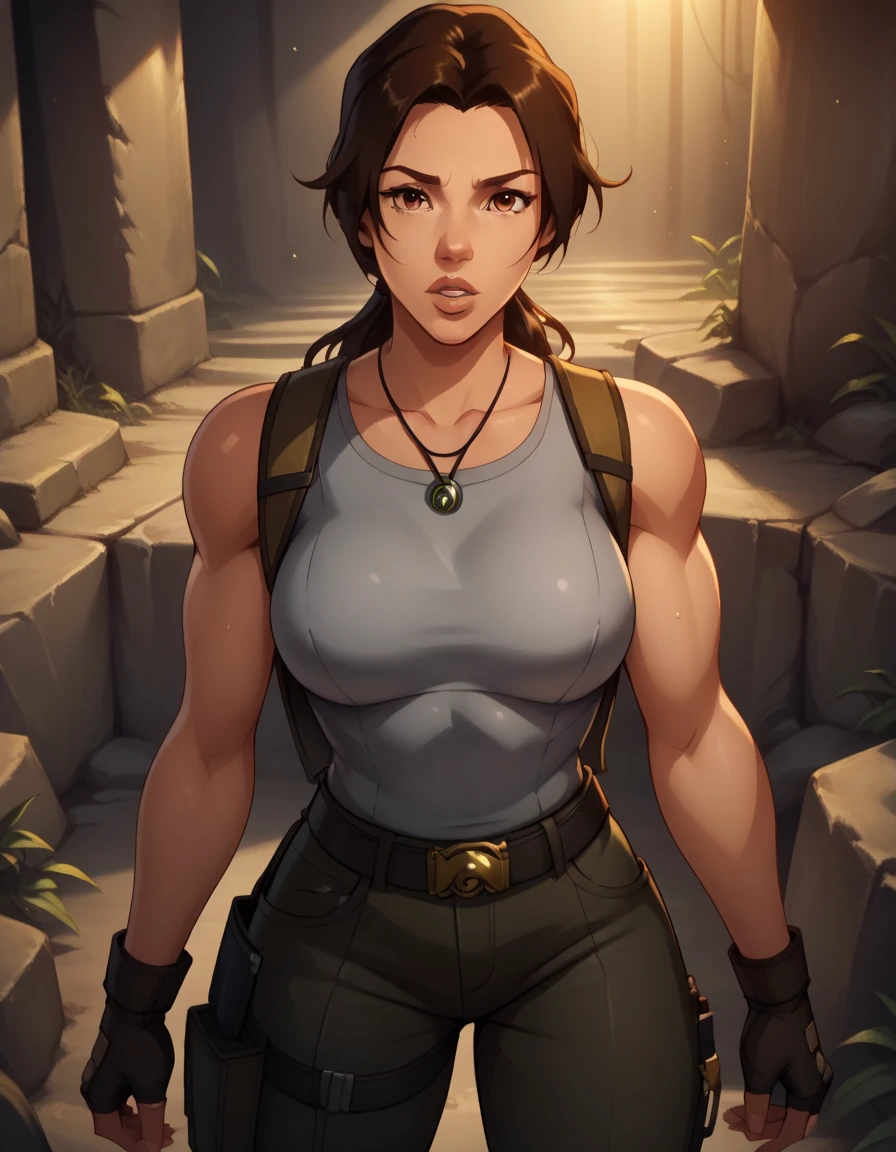 score_9, score_8_up, score_7_up,score_6_up, score_5_up, score_4_up ,
1girl, solo,
large breasts,
LaraDG,
long hair, ponytail, brown hair, brown eyes, 
fingerless gloves, boots, belt, pants, tank top, grey shirt, 
looking at viewer, parted lips, 
 