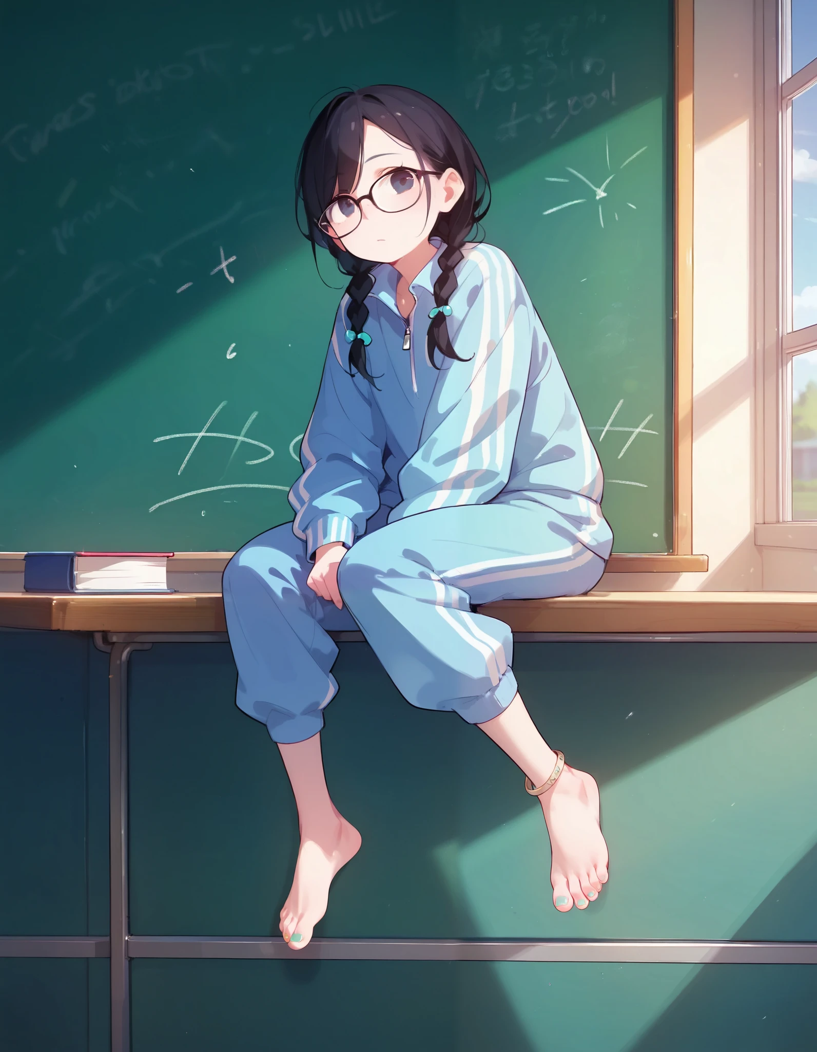 score_9,score_8_up,score_7_up, masterpiece,ultra-detailed CG illustration,top quality, best quality, 1girl,solo,black hair,baggy blue and white track suit,baggy blue and white track pants,glasses,black hair,low twin braids,desk,sitting on desk,barefoot,anklet,chalkboard, multicolored toenails,