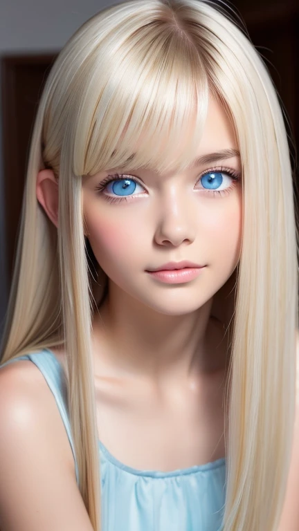 Very beautiful shiny pretty face、Beautiful shiny white skin、Glowing cheek highlight、Beautiful cute sexy pale bright blue eyes、hair over eyes、hair over one eye、hair between eyes、Big double eyelid eyes、Beautiful very long shiny silky pale blonde straight hair、Sexy 15 years old、A cute beautiful girl with long bangs、The most beautiful girls in the world in the West、Round face、Adorable appearance、