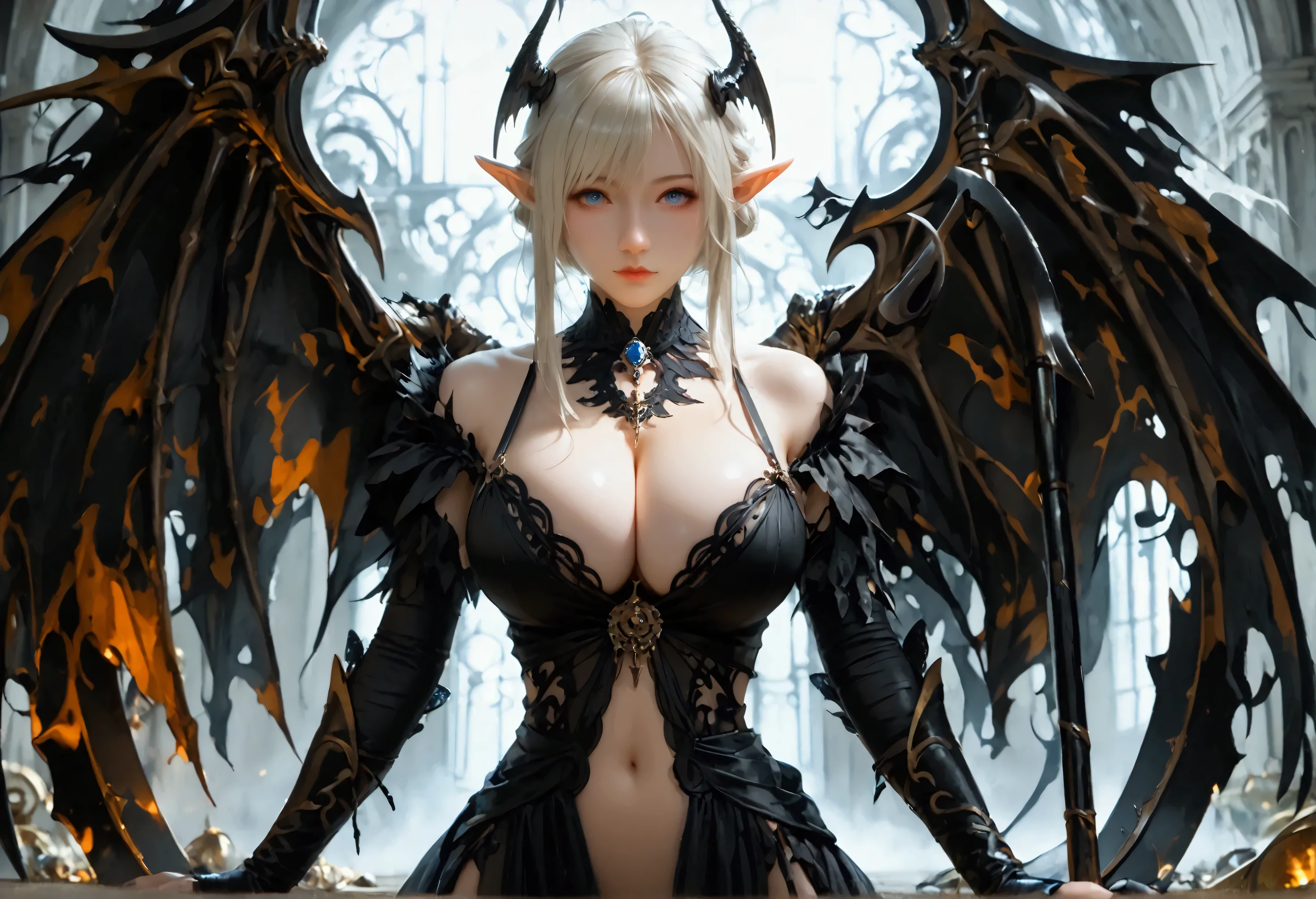 a matural female，Dragon's horn，Bat wings，Tattooed with，eyes glowing，magia，Large breasts，magnificent robe，complex patterns，palaces，(skin indentation:1.5), realisticlying, realisticlying, (Masterpiece:1.5), concept-art, intricately details, highly  detailed, realisticlying, rendering by octane, 8K, unreal-engine, dynamicposes, Best quality at best, A high resolution, (photorealiscic face:1.1), (Hyper-realistic:1.1),  perfect  eyes,(shiny skins:1.2),  Radiant force,  smog, magia, ((Dramatic)), Epic, battlefiled, depth of fields, Background bokeh, 4K,  ashes, Particle，