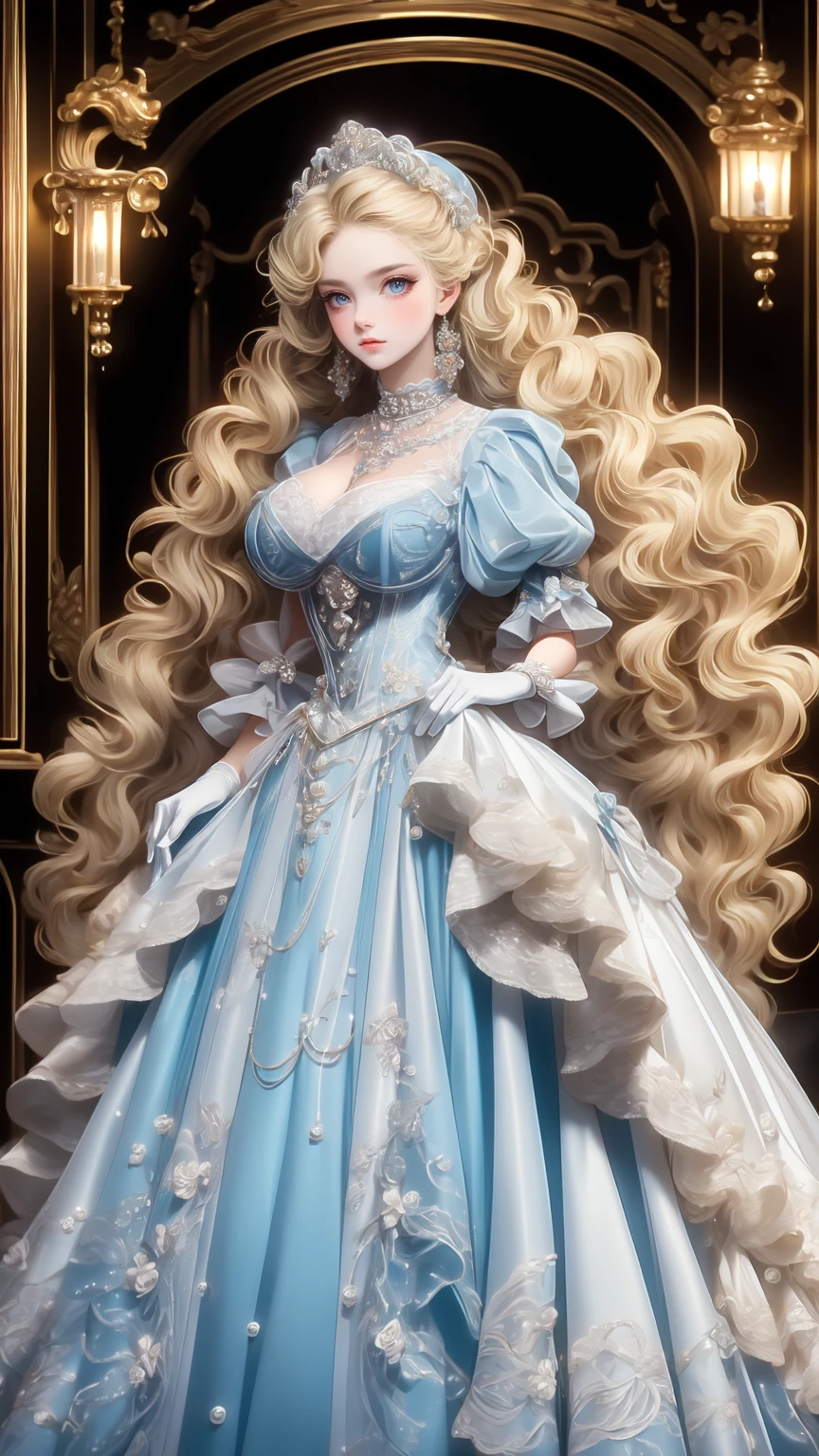 a stunningly beautiful blonde fairytale Princess shining and Royal Pomp and Regal Splendor, wearing a Stately and (((Elaborate))) Royal Cinderella Wedding Dress of Silver and White Brocade, and (((Voluminous Puff Sleeves ))) a stiffly boned, padded and corseted bodice, an hourglass waist, a (((Huge crinoline tub skirt))) and (((The hustle and bustle))), adorned and ribbons, bow, Rose, lace, Raffle, frills, embroidery, and jewels, elaborately curled and styled hair, Long white gloves, pearl and diamond necklace and earrings
