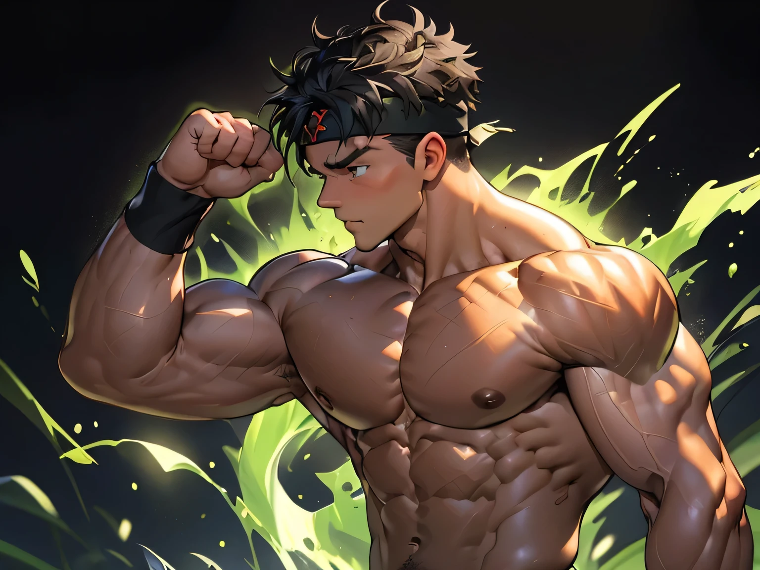 ((masterpiece, best quality, stalwart, (Depth of field:1.2))), (((((black background, deep night, upper body, side shot))))), (worm green eyes, Young boy, muscler, Shirtless, topless), ((((1boy, solo, flesh, tough, reliable, developed body)))), (Dark Short straight hair, green eyes, ((almost completely shaved hair)), under cut), (((red headband, wristband))), Vivid colors, ((gigantic breast, gigantic abs, big shoulder, muscular body, sturdy body, defined round and fleshy pecs, defined round and fleshy ABS, defined round and fleshy armsmuscular, well-defined muscles, toned body, shouldermuscler)), muscler!, muscler body, detailed face, detailed muscle, (((rippling muscles, Flowing energy, wearing wind to emphasize the power of his aura. Highlight his aura, blue and green aura effect, wearing energy stream, charge aura energy his right arm, Imposing, fight, fighting, agressive, action, punch:1.2, kick)))