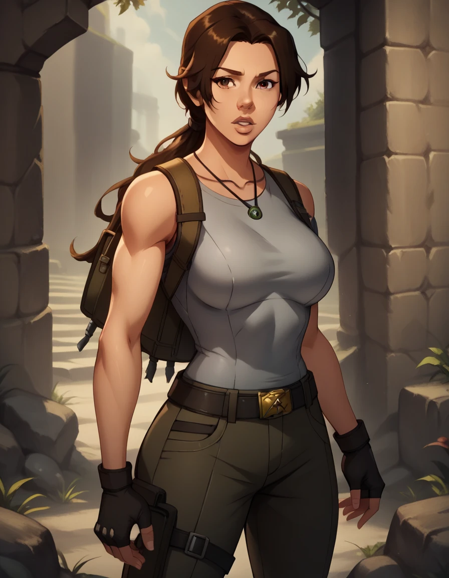 score_9, score_8_up, score_7_up,score_6_up, score_5_up, score_4_up ,
1girl, solo,
large breasts,
LaraDG,
long hair, ponytail, brown hair, brown eyes, 
fingerless gloves, boots, belt, pants, tank top, grey shirt, 
looking at viewer, parted lips, 
 