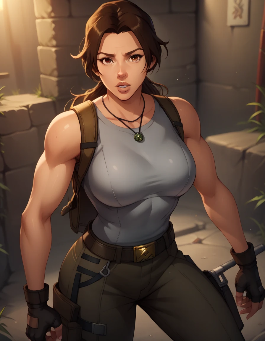 score_9, score_8_up, score_7_up,score_6_up, score_5_up, score_4_up ,
1girl, solo,
large breasts,
LaraDG,
long hair, ponytail, brown hair, brown eyes, 
fingerless gloves, boots, belt, pants, tank top, grey shirt, 
looking at viewer, parted lips, 
 