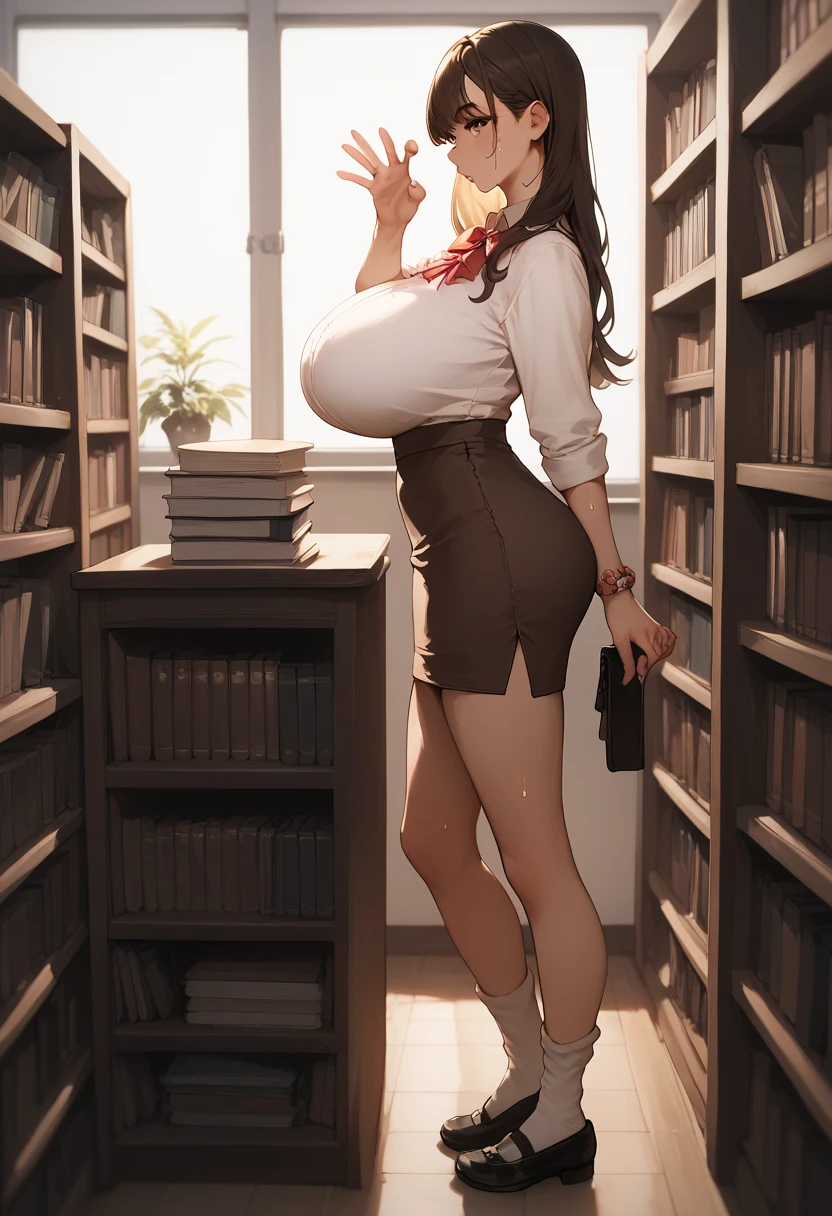 Black brownish hair, straight hair, bangs, brown short skirt, white colored outfit, japan vibe, inside library, standing, from side, black eyes, long eyelashes, big breast, long legs, long socks, black casual shoes, perfect eyes, perfect face, colorful, horny, sweating, lustful eyes