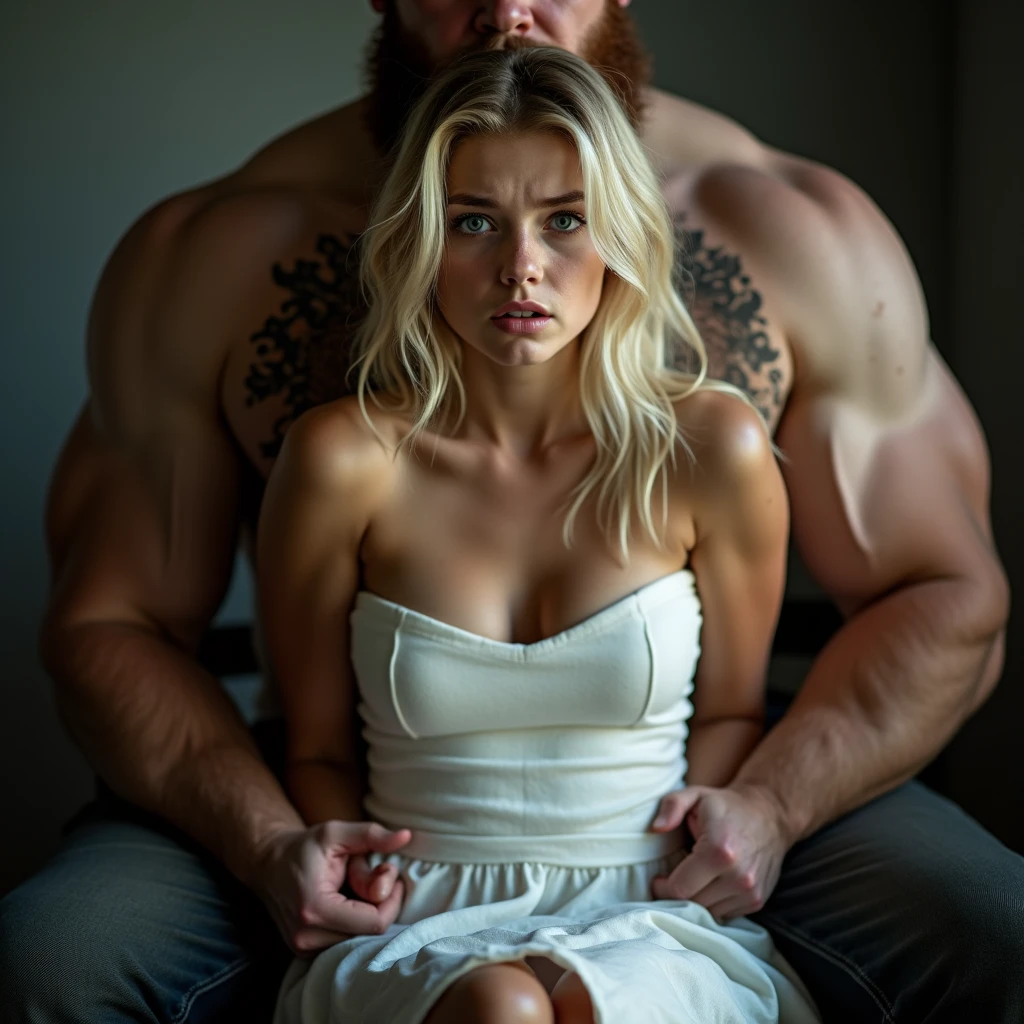 a tall muscular light brown haired man with big beard showing his big wide feet with a  girl smelling his feet