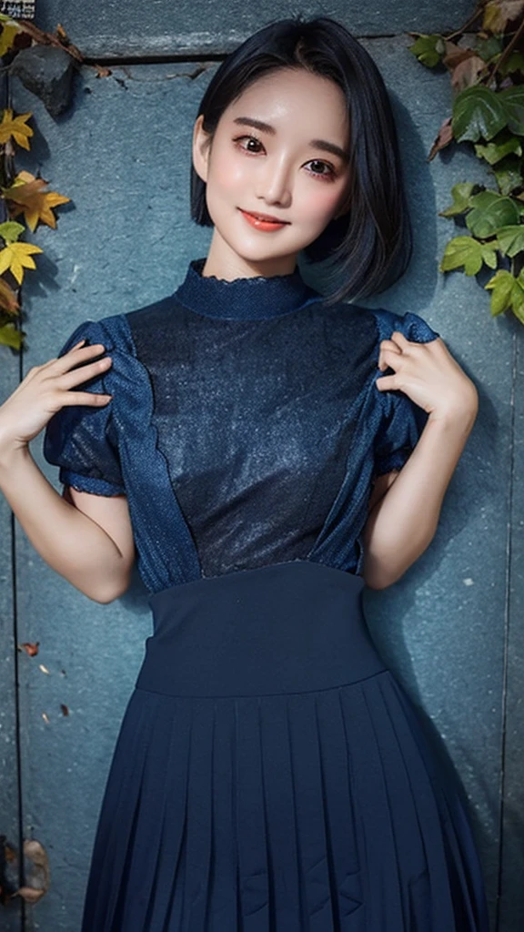  1 girl,  high definition , black hair、 bob hair、Smile、 small breasts with sunburn marks peeking out from a wide open chest、 small boobs、Blue fluffy flared skirt 、Lift the skirt with your hands and show off your dark blue bloomer、autumn leaves