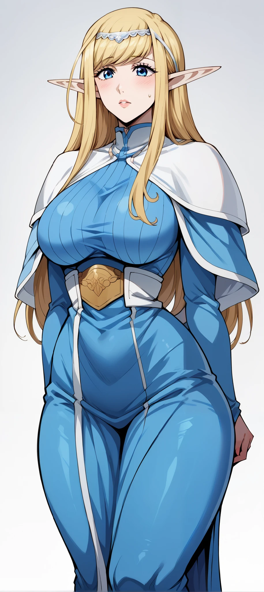 score_9, score_8_up, score_7_up, source_anime, 4K,
1girl,annette, long hair, blue eyes, blonde hair, large breasts, pointy ears, elf, mature female, large breasts,, 
wearing ((blue outfit:1.5)),,
((fullbody)),large breasts,long legs,perfect fingers,arms behind back,looking at viewers,((front look:1,5)),white plain background,