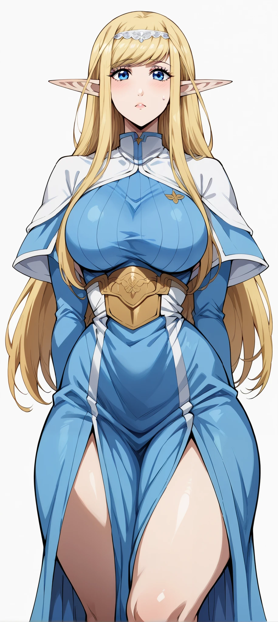 score_9, score_8_up, score_7_up, source_anime, 4K,
1girl,annette, long hair, blue eyes, blonde hair, large breasts, pointy ears, elf, mature female, large breasts,, 
wearing ((blue outfit:1.5)),,
((fullbody)),large breasts,long legs,perfect fingers,arms behind back,looking at viewers,((front look:1,5)),white plain background,