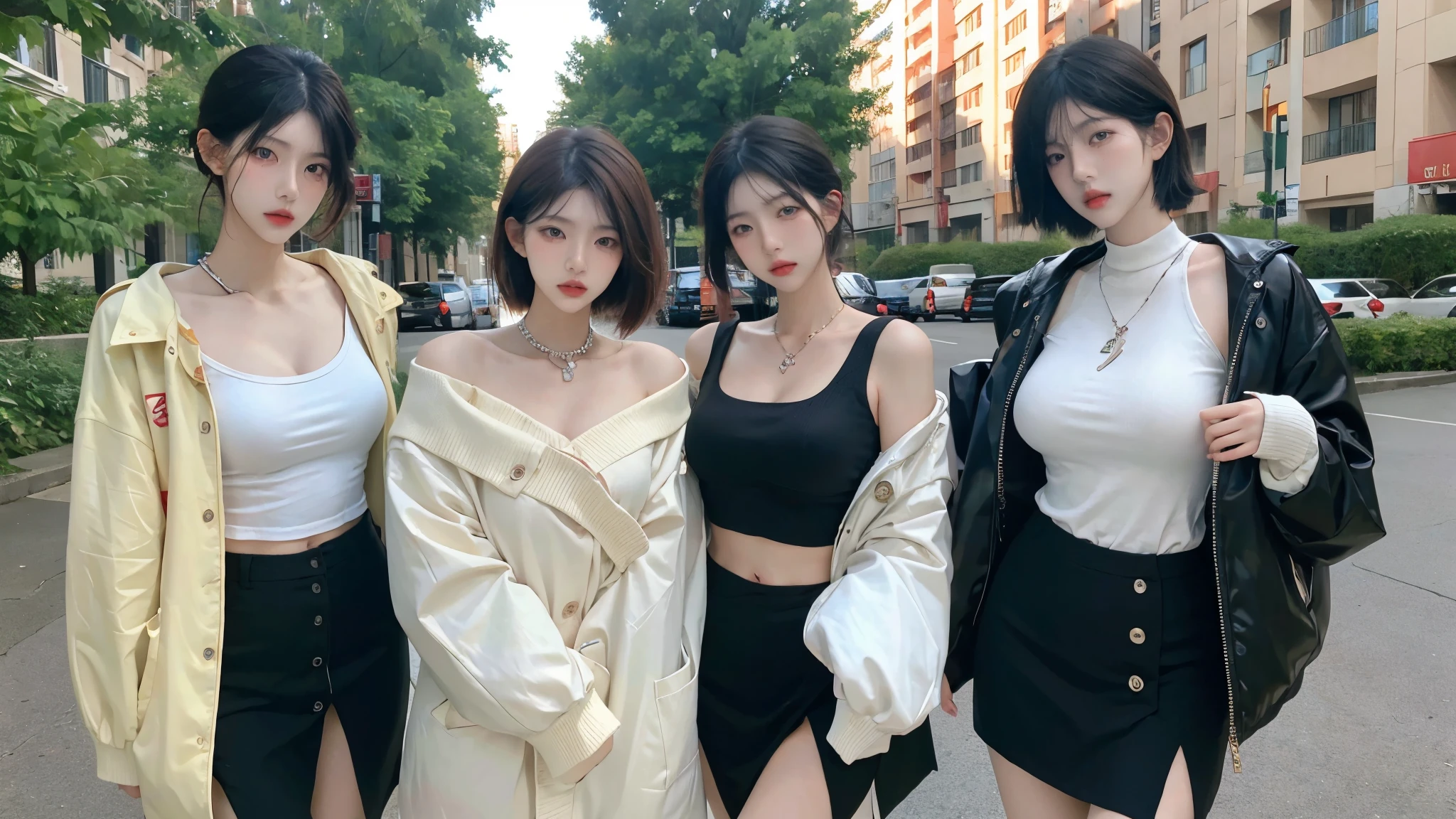 photo of 3 charming woman, ((big breasts)), loose and oversized black jacket, white lace cami, (beige chiffon trousers,:1), (Kpop idol), (aegyo sal:1), (light brown short ponytail: 1.2), ((puffy eyes)), looking at the audience, no bra, no panties, street smile, cute, full body, street, outdoor, best quality, super high resolution, (realism: 1.4),