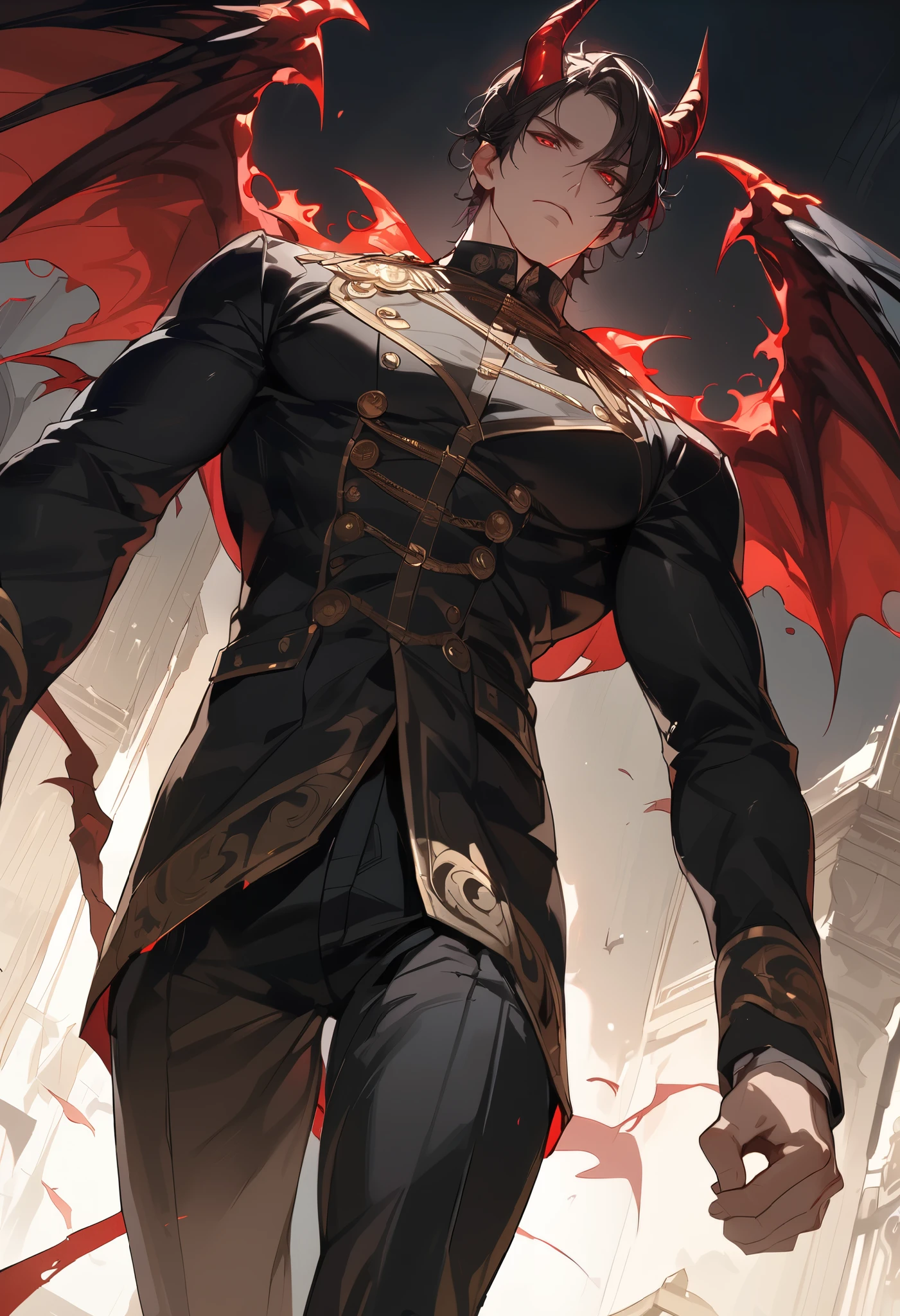 (masterpiece,  high resolution,  top quality ), Alone, 1 male, Mid 20 class , Low angle,  cool expressionless,  Red Eyes , Black hair, Adversary, horn, Devil Wings, uniform, Muscular