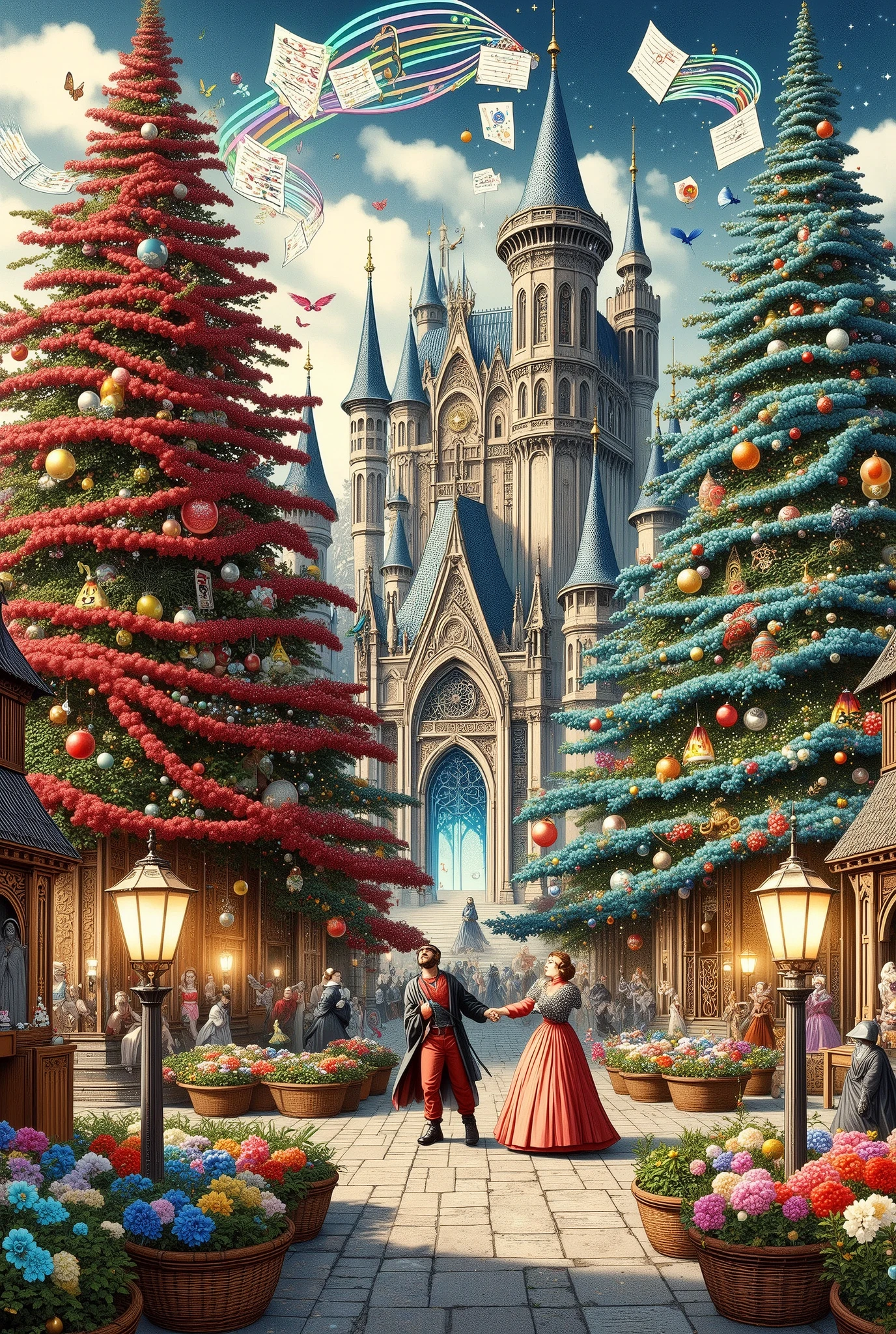 (Ultra-detailed, Looking away, Fantasy Illustration with Gothic, Rich tone colors.), BREAK 
(Two large tall fir trees grow in the large courtyard of Cinderella's Castle in a large amusement park in fairyland. 2 fir trees are decorated for Christmas, one tree is decorated with many red ornaments and a large red ribbon, as if it is inhabited by a spirit of fire. One fir tree is decorated with many blue ornaments and large blue lace ribbons, frozen and shining as if inhabited by the spirit of snow.), BREAK 
(Around the two fir trees, men and women dressed in old-fashioned 19th-century English Victorian-style costumes dance a waltz in pairs. Inside the castle, an orchestra plays a waltz. Rainbow-colored notes float in the air like fairies, leaving trails of light as they fly through the air. A very happy and joyful atmosphere.)