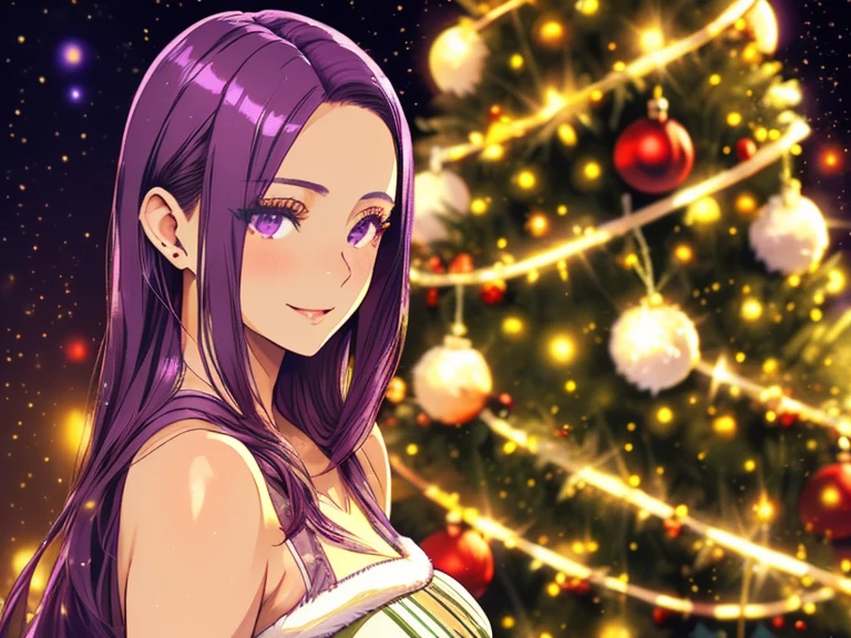 A dominant older girl!, Seira Sodeshiro!, natural-tan, christmas-tree-paradise-themed with long violet hair, decent makeup!, realistic and elaborate, best quality, oil color fidelity!, realistically dim-rendered photoimage!, next to the christmas tree, strictly 1person!, landscape,
