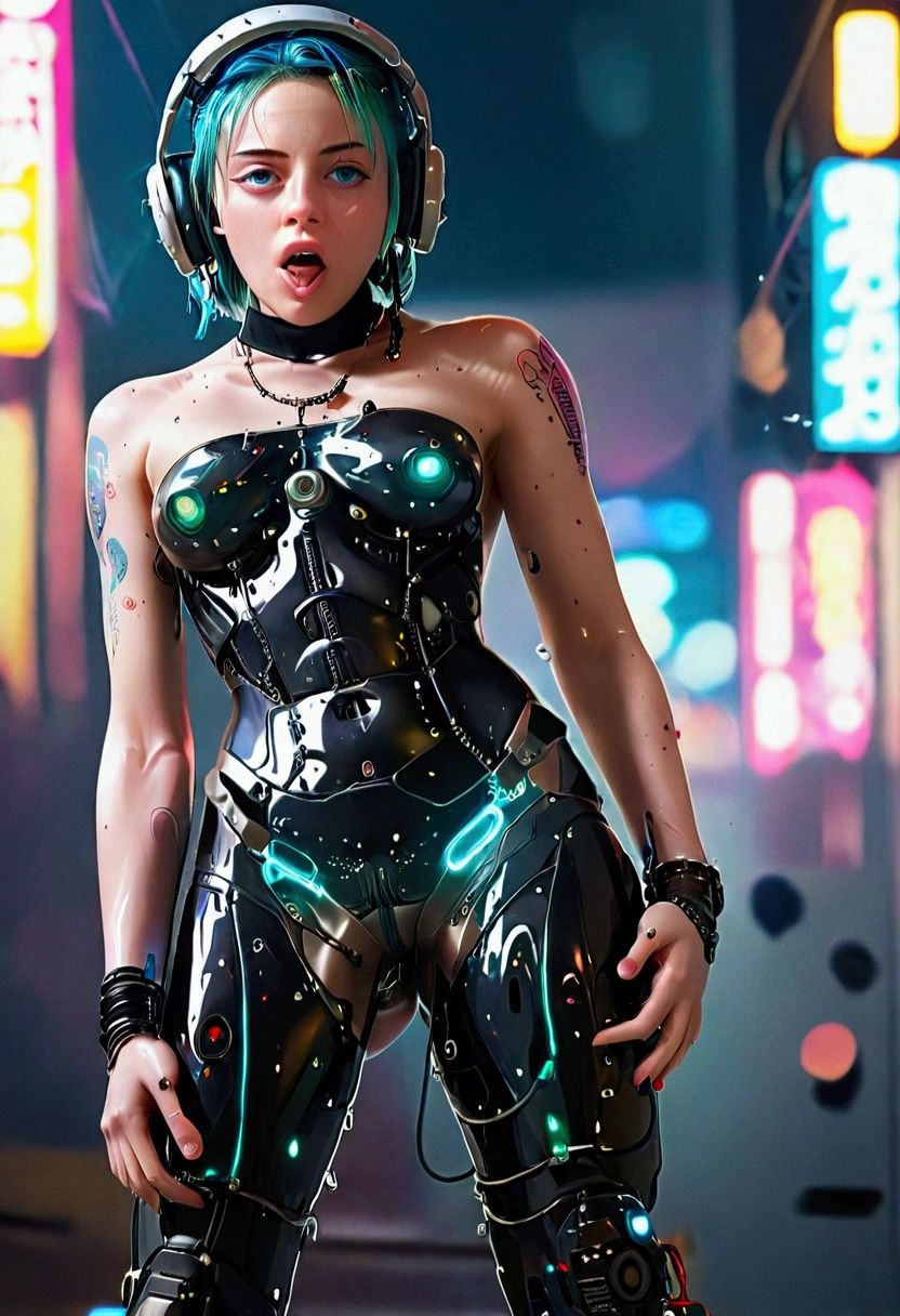 An android woman standing with her legs open, a machine body, a brainwashing device on her head, white eyes, and a member of Ghost in the Shell. Open your mouth and stick out your tongue, drool, Teenage girls, Gantz Suit, Billie Eilish Sitting on a dildo 