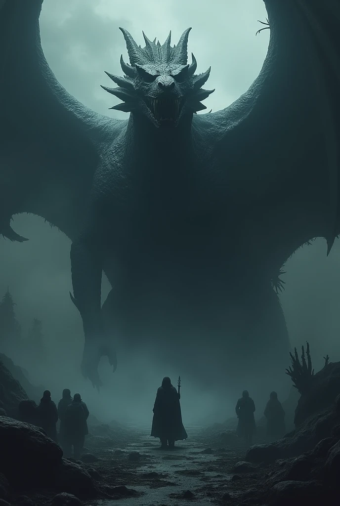 Giant ice demon with earth wings and water horns spread across a city and with a sword in the middle of a large crowd of people