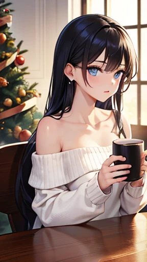 Super detailed, Vibrant colors, girl, masterpiece, Sharp focus, Highest quality, Depth of written boundary, Cinema Lighting, Realistic, Correct Anatomy, chestの谷間, a young woman in a robe Holding cups on a table in front of a Christmas tree, 1girl, chest, cup, Black Hair, chestの谷間, alone, blue eyes, large chest, View your viewers, coffee, Earrings, jewelry, Holding, Holding cup, Exposing shoulders, Christmas tree, Long Hair, white sweater, clavicle, Mug, Off the shoulder, Blurred, indoor, sweater, Strapless, lips, Blurred background、long hair、大きいchest