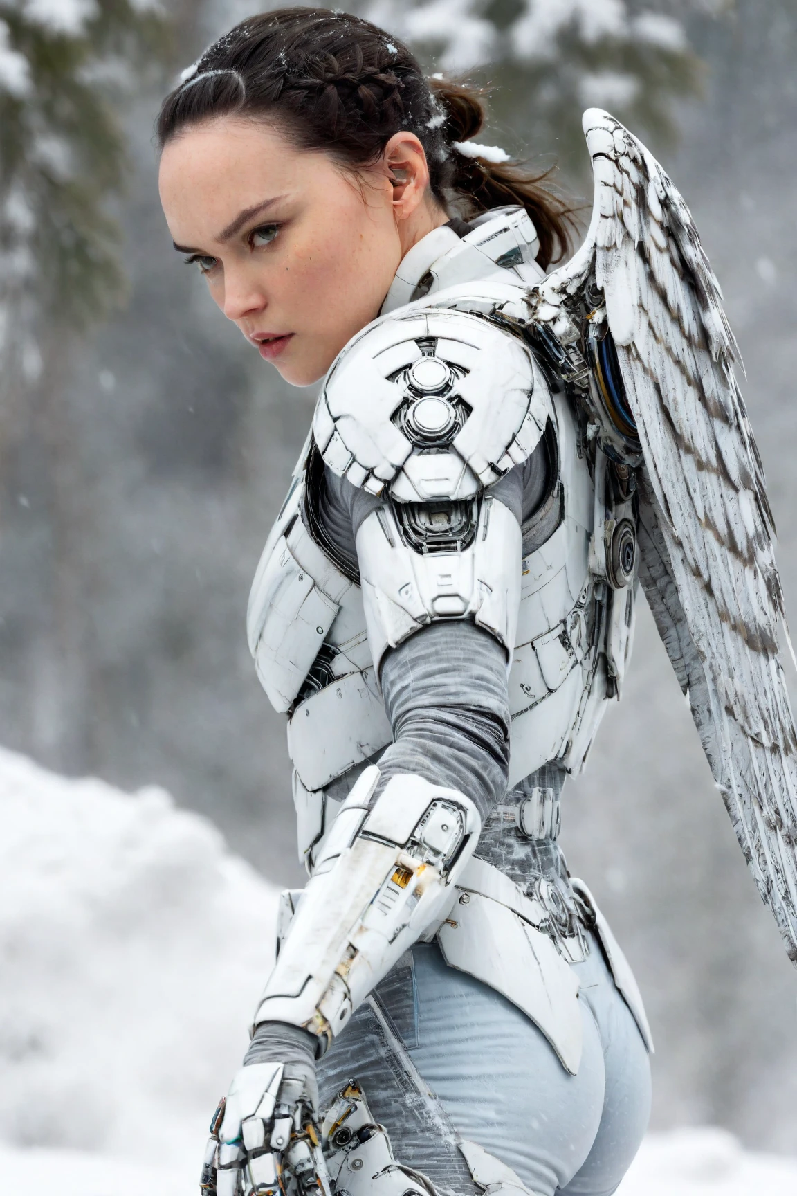 daisy ridley,(Surprised woman Cyborg trying hide face by destroying arm from over fly atached snow-Owl spirit), (epic and horror), detailed freeze clothes, ((elements of destruction on cybernetic parts)),(strong snowfall), detailed, good quality, masterpiece: full body picture from the distance: BUTT: rear backside hindquarters, BUTTOCKS: booty behind, BUTT CHEEKS: HUGE: protruding, HIPS: deep widest hip dips, LONG HIPS: OBLONG: parentheses outreaching shape, WIDE HIPS: widest