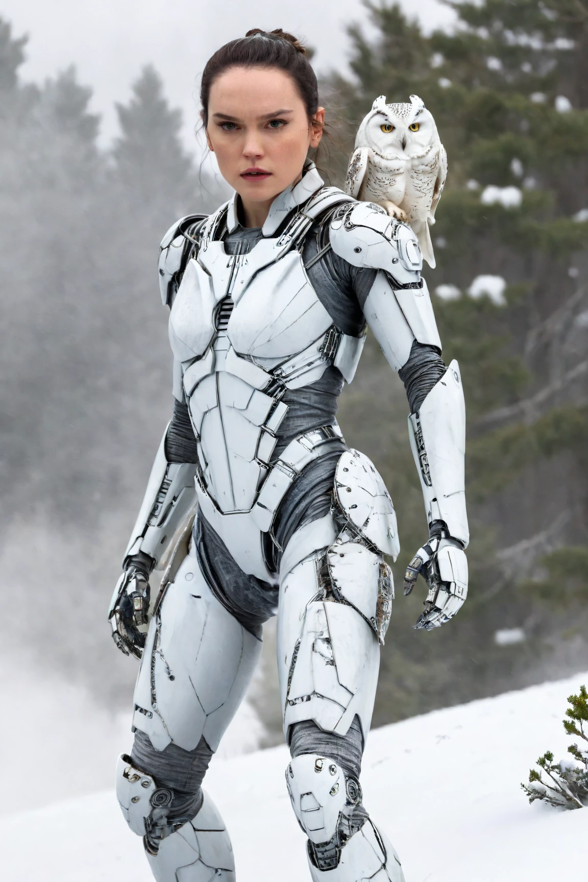 daisy ridley,(Surprised woman Cyborg trying hide face by destroying arm from over fly atached snow-Owl spirit), (epic and horror), detailed freeze clothes, ((elements of destruction on cybernetic parts)),(strong snowfall), detailed, good quality, masterpiece: full body picture from the distance: BUTT: rear backside hindquarters, BUTTOCKS: booty behind, BUTT CHEEKS: HUGE: protruding, HIPS: deep widest hip dips, LONG HIPS: OBLONG: parentheses outreaching shape, WIDE HIPS: widest