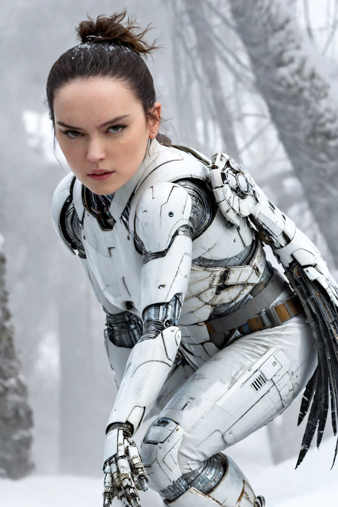 daisy ridley,(Surprised woman Cyborg trying hide face by destroying arm from over fly atached snow-Owl spirit), (epic and horror), detailed freeze clothes, ((elements of destruction on cybernetic parts)),(strong snowfall), detailed, good quality, masterpiece: full body picture from the distance: BUTT: rear backside hindquarters, BUTTOCKS: booty behind, BUTT CHEEKS: HUGE: protruding, HIPS: deep widest hip dips, LONG HIPS: OBLONG: parentheses outreaching shape, WIDE HIPS: widest